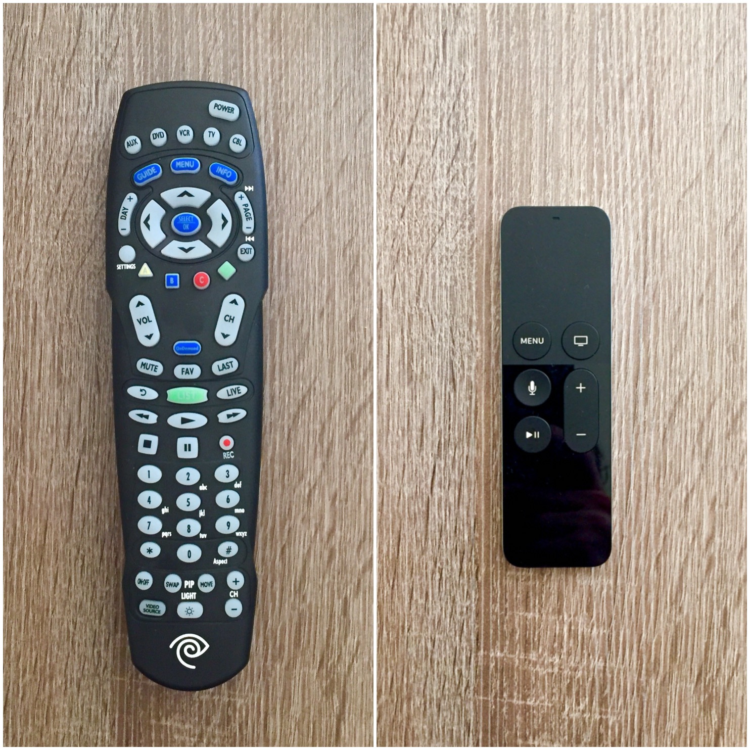 On the left, a standard cable TV remote. On the right, an AppleTV remote.