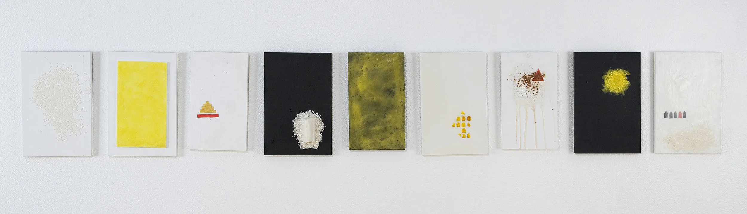 Dialogue with Wolfgang Laib Flocking, Wax, Hand-Made Paint, Resin, Rice, Soap, Natural Materials on Wood Nine Panels ~13” x 8” each 2015