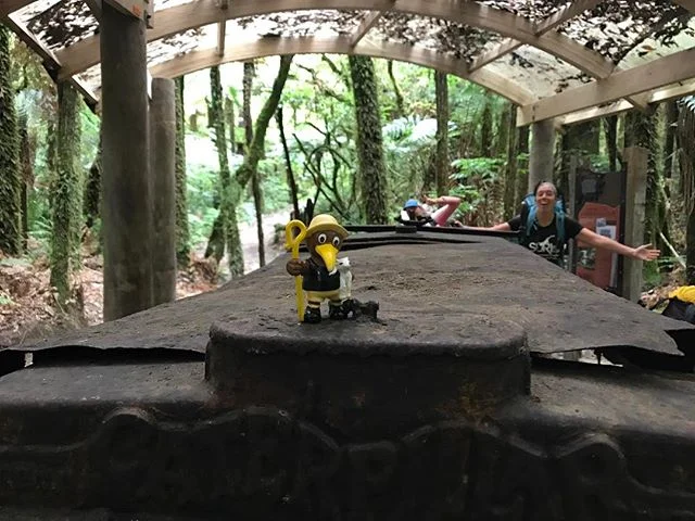 Day 43: Kiwi, Puff Puff and Julia pose with a 1920s tractor on the Timber Trail.