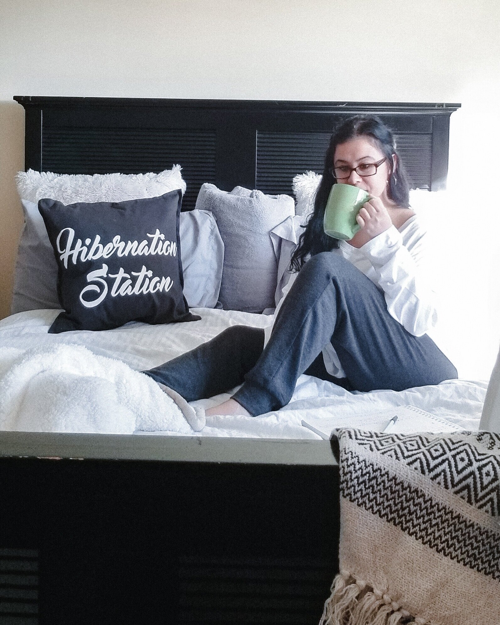 Dark Grey and White Hibernation Station Cotton Throw Pillow