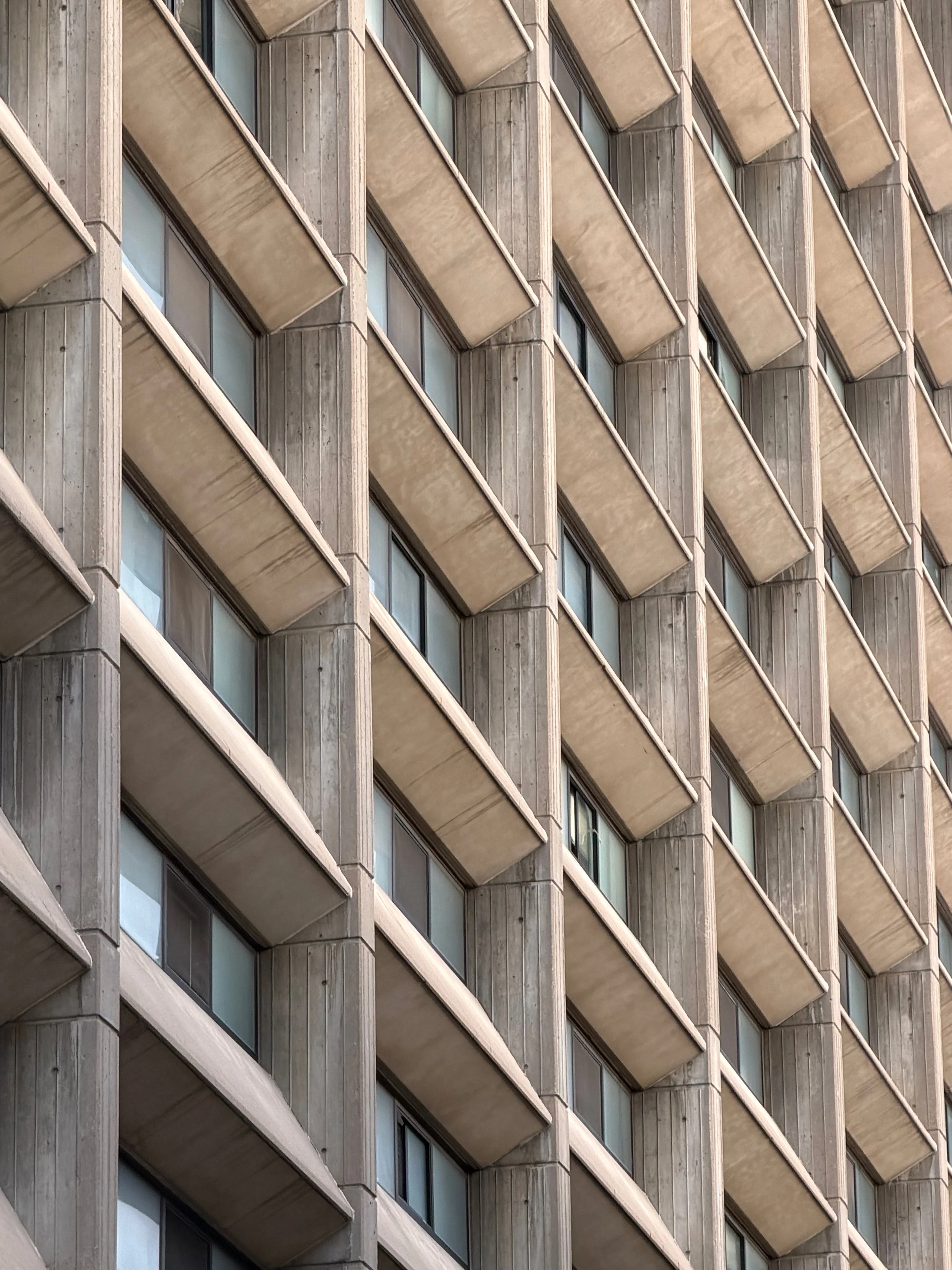 Multiple windows and balconies on a tall concrete building facade, arranged in a repetitive, grid-like pattern.