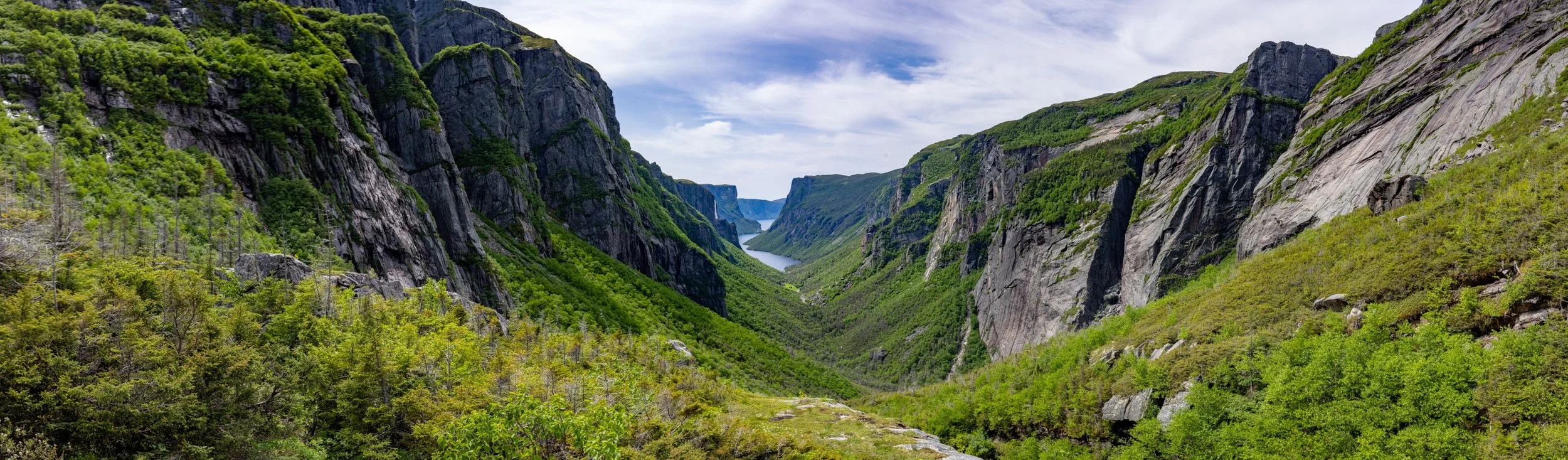 A scenic view of a fjord with steep green-covered cliffs on both sides and a narrow waterway running through the center, under a partly cloudy sky.