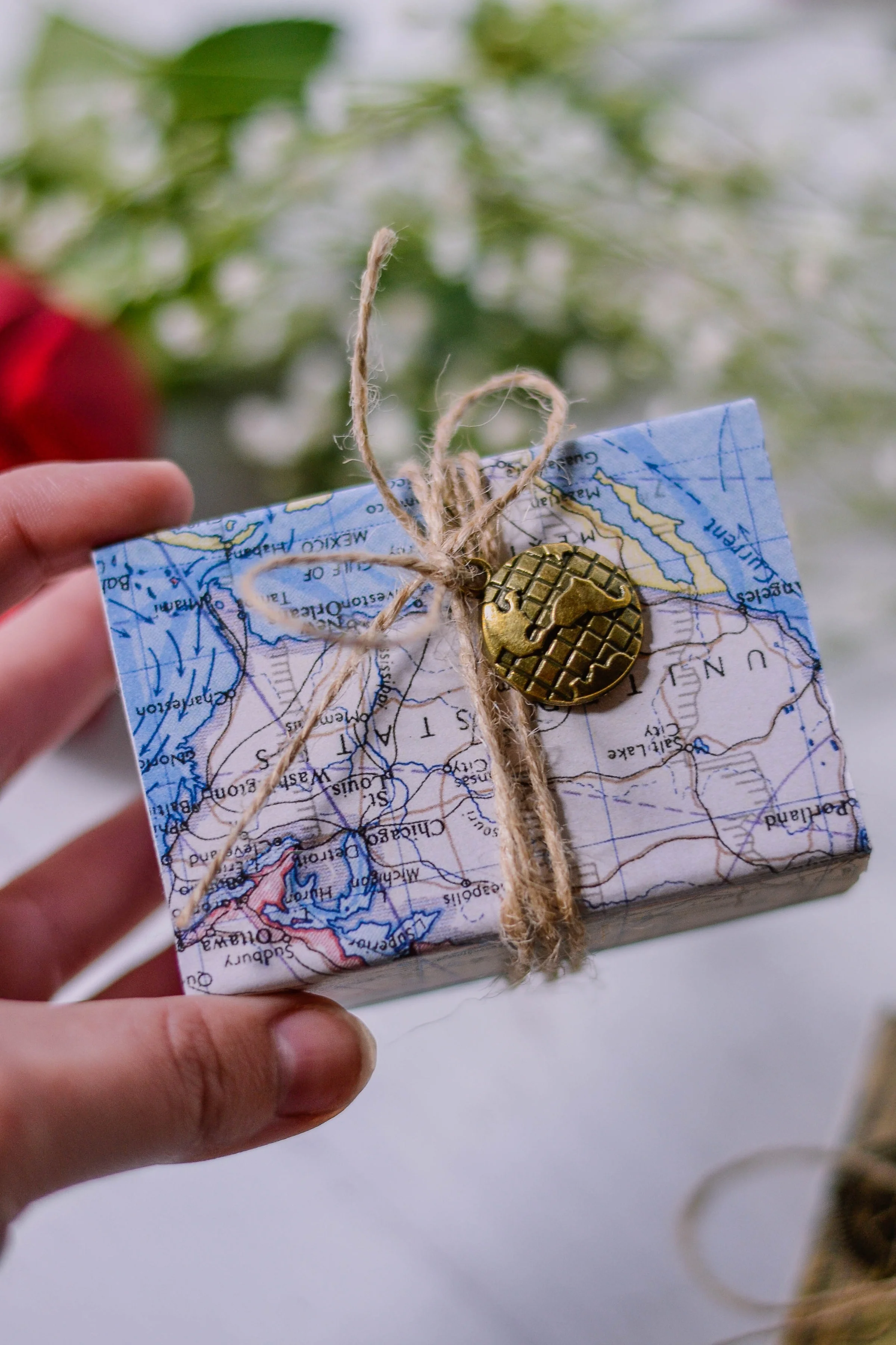 Suitcase Map Favor Box with Globe pendant