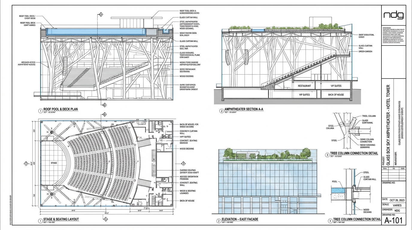 Firefly_Create a detailed engineering drawings for this glass box sky amphitheater on top of  878031.png