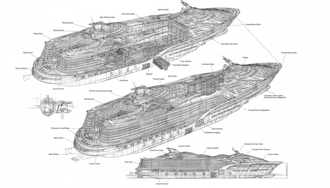 Firefly_Gemini Flash_Create mechanical drawings of this cruise ship concept on white background 227639.png