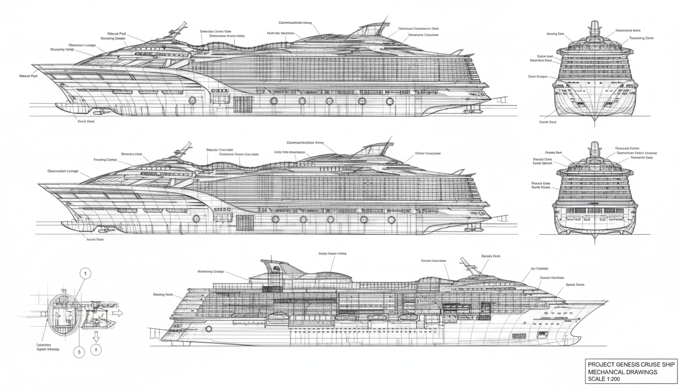 Firefly_Gemini Flash_Create mechanical drawings of this cruise ship concept on white background 616017.png