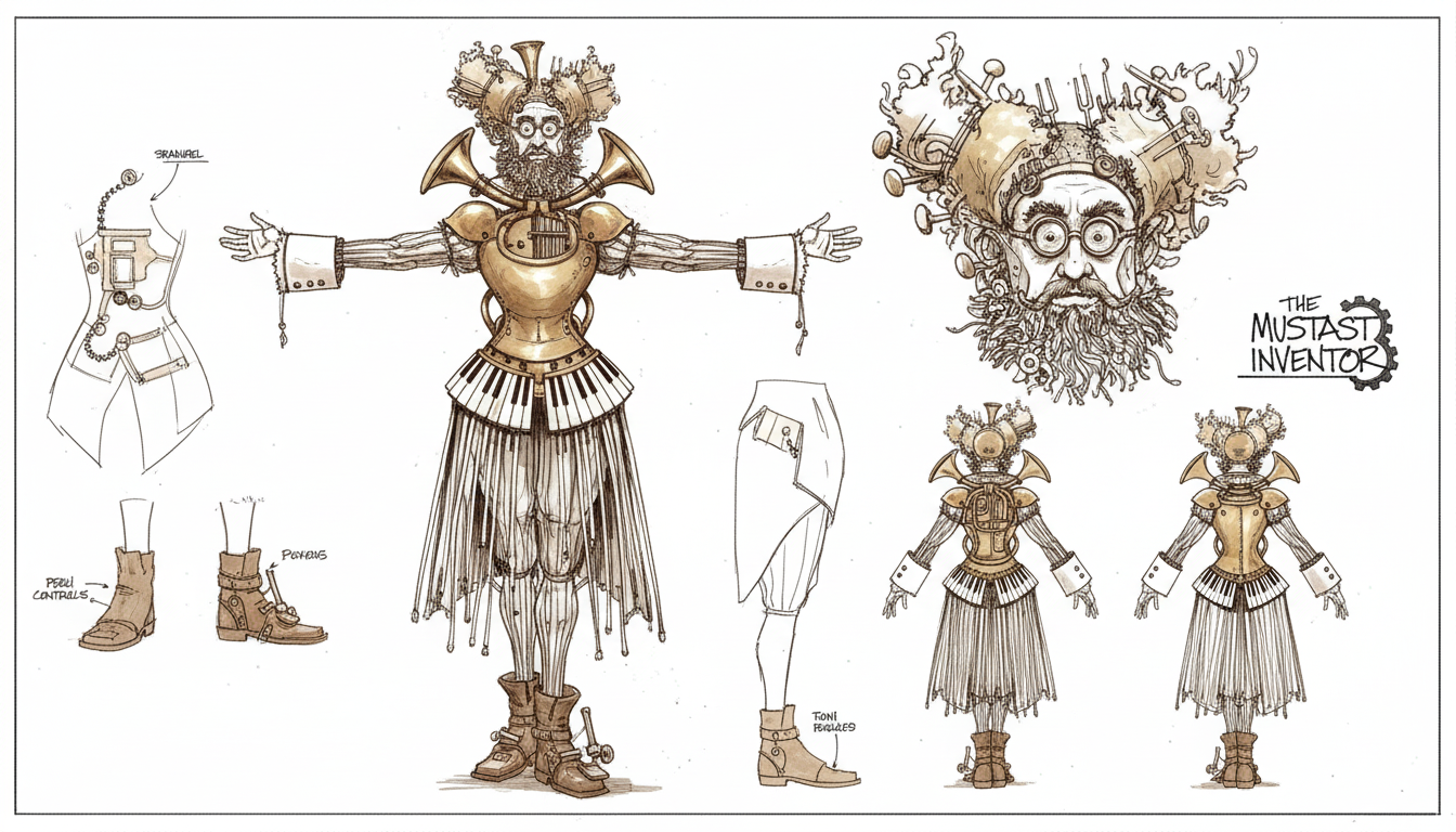 Firefly_Gemini Flash_musical inventor and instruments costume theater, multiple views on white background 607862.png