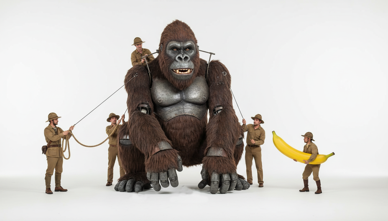 Firefly_Gemini Flash_King Kong Rod Puppet. Multiple puppeteers. Create photo real view on white background 665156.png