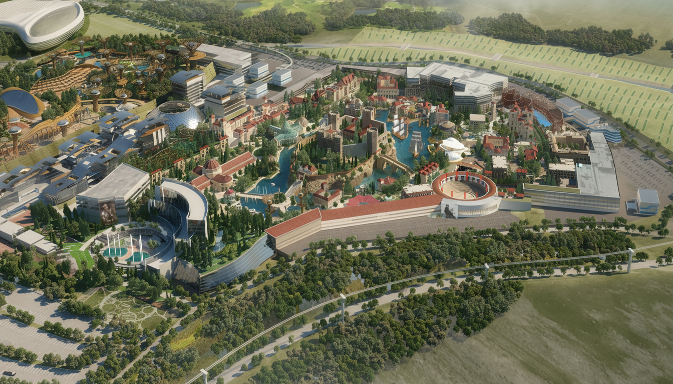 Firefly_Gemini Flash_enhance image and make photo realistic birdseye image of this theme park about the hi 305286.png