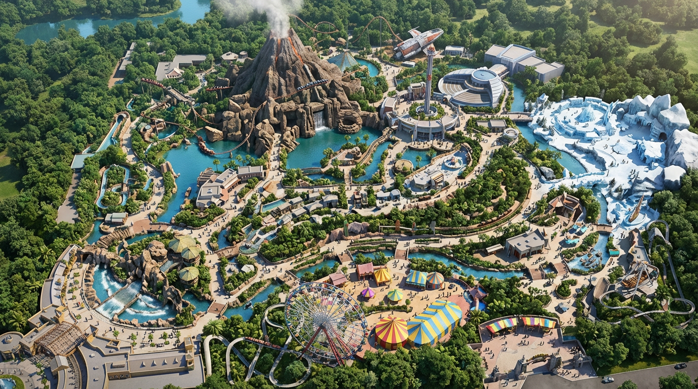 Firefly_Gemini Flash_Adventure theme park. Make photo realistic overall birds eye image 345122.png