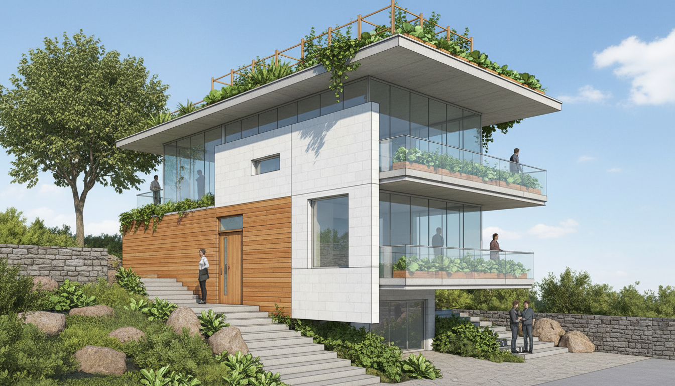 Firefly_Gemini Flash_Create photo image of this modern concrete, stone and glass house.  urban farms on ro 46369-2.png