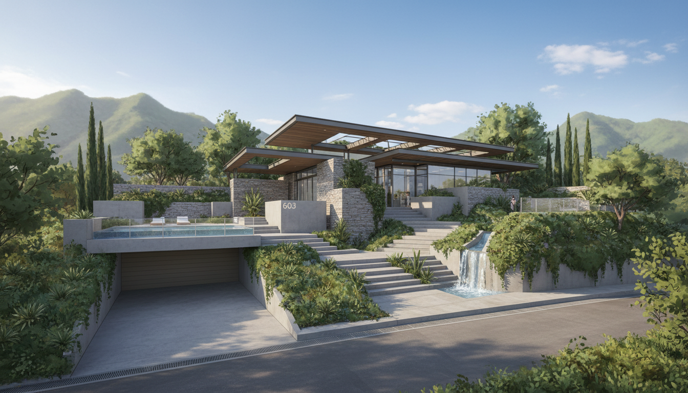 Firefly_Gemini Flash_Create photo image of this modern concrete, stone and glass house. 586363.png