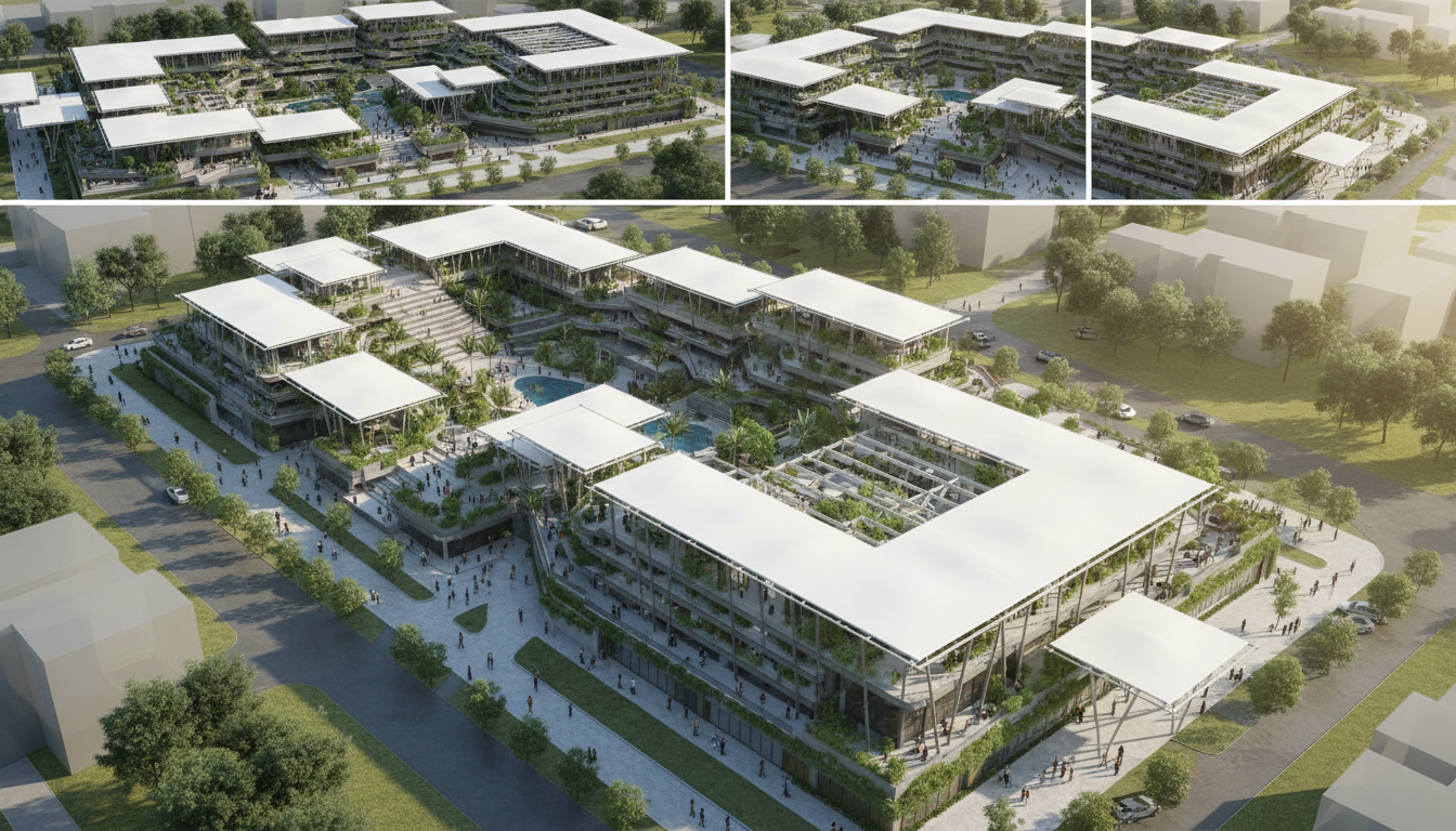 Firefly_Gemini Flash_Create photo realistic renderings of this building. Roof canopies are white 722654.png