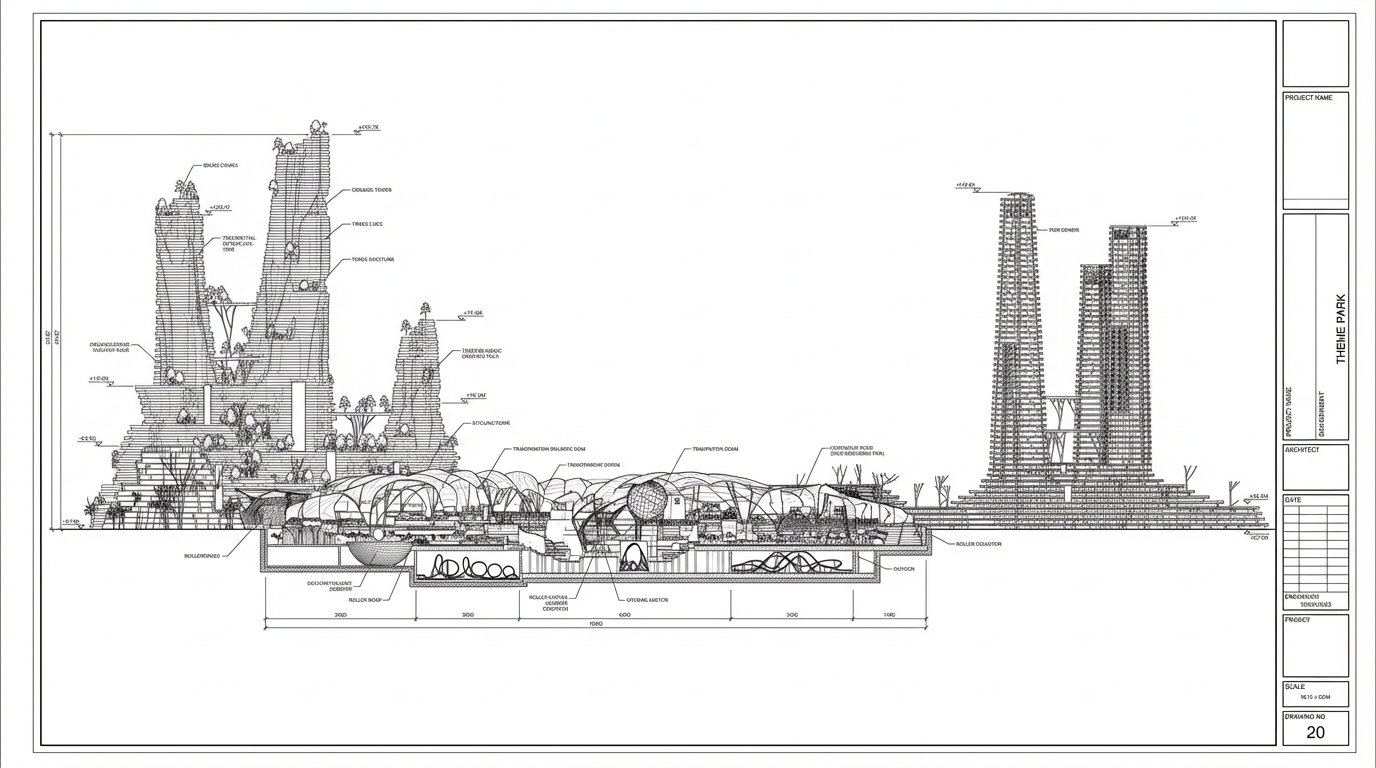 Firefly_Gemini Flash_Create a detailed architectural  drawings for theme park put on white background. Put 352591.png
