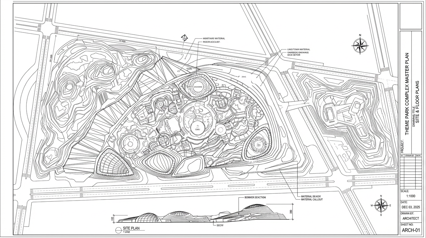 Firefly_Gemini Flash_Create a detailed architectural  drawings for theme park put on white background. Put 352591-2.png