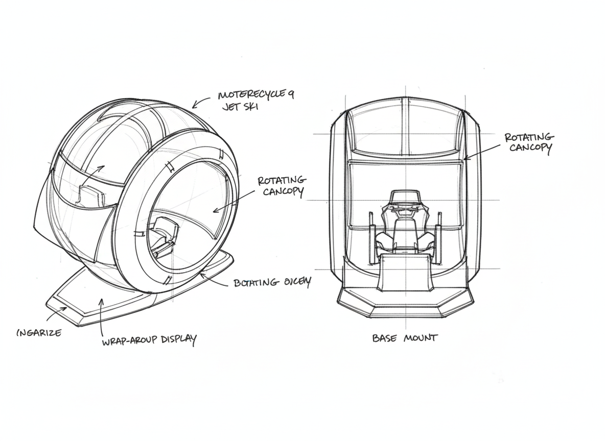 Firefly_Gemini Flash_create a engineering drawing  of this  game pod with single wrap around screen on  wh 187642.png
