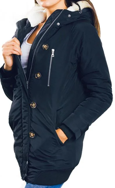 wholesale womens black pocketed button trim hooded puffer coat jacketb.JPG