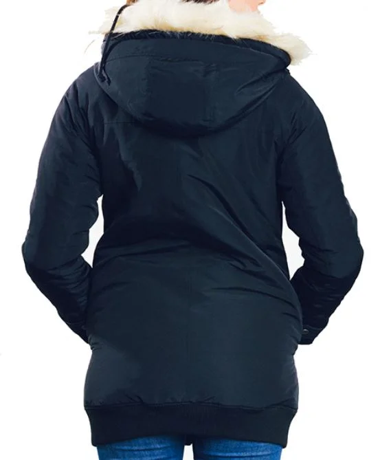 wholesale womens black pocketed button trim hooded puffer coat jacketc.JPG