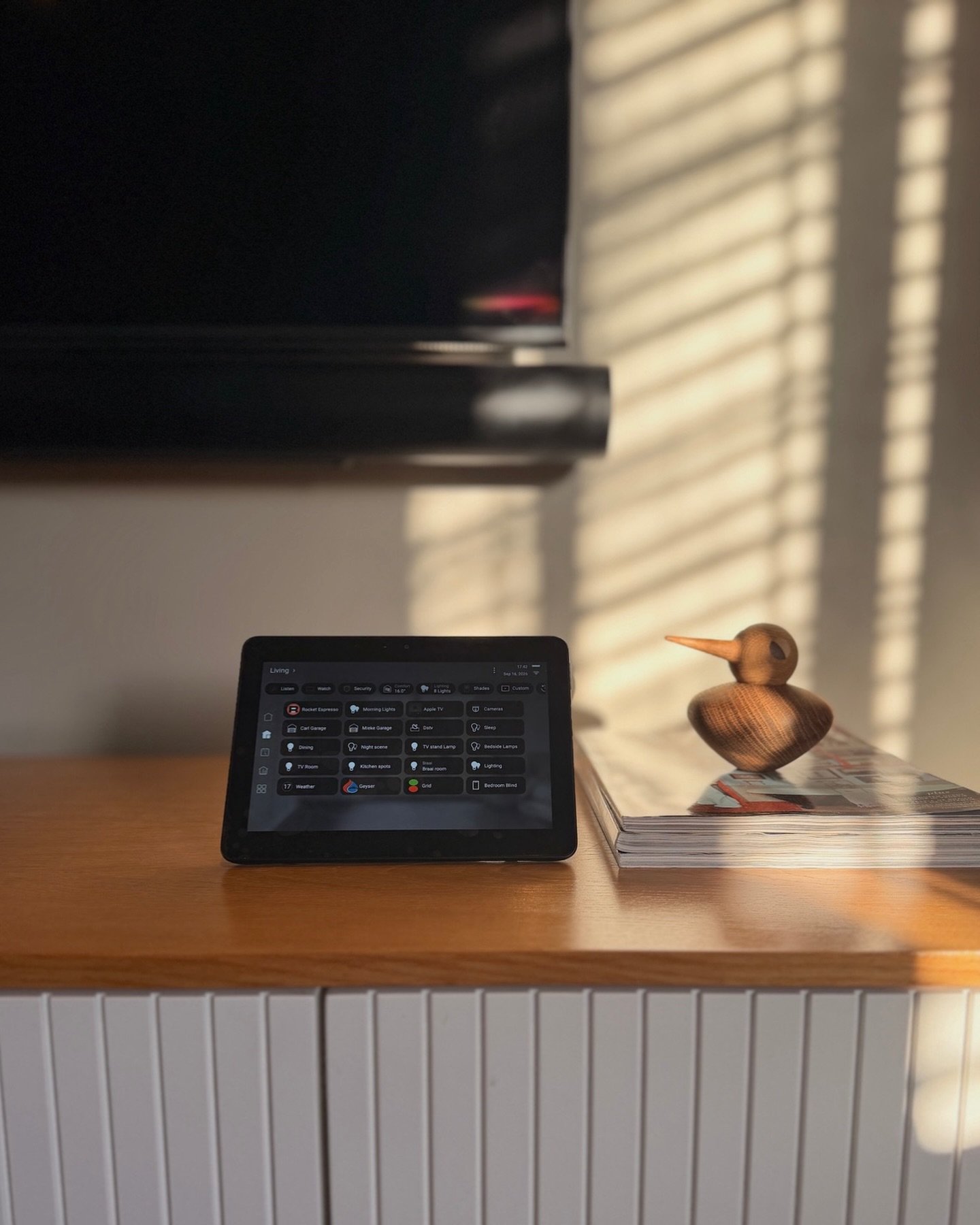 One screen, many possibilities. Whole-home control without the interruptions of a phone or a tablet. One tap and you set the mood.