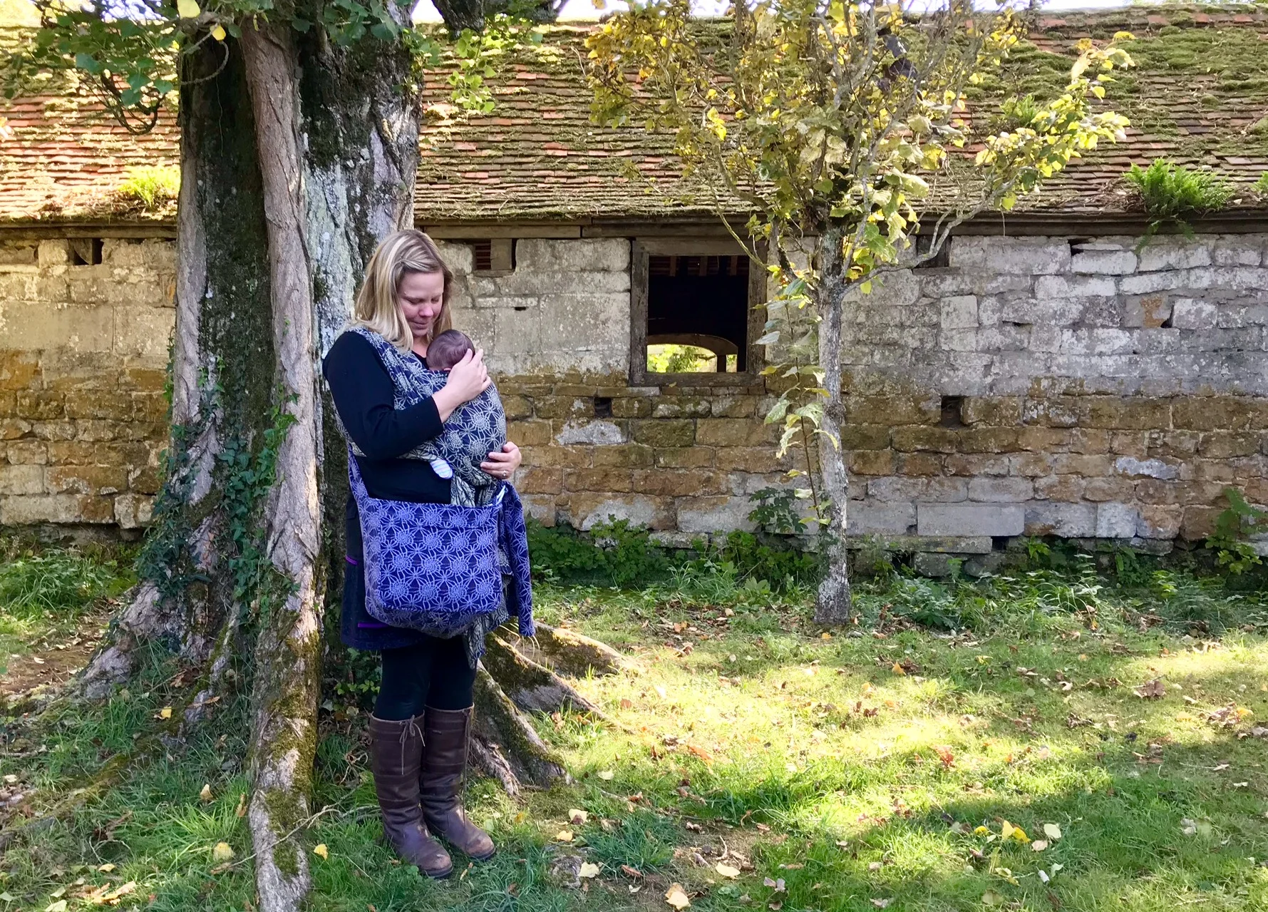 Absolute Bobbins Babywearing Bag worn with a 10 day old newborn