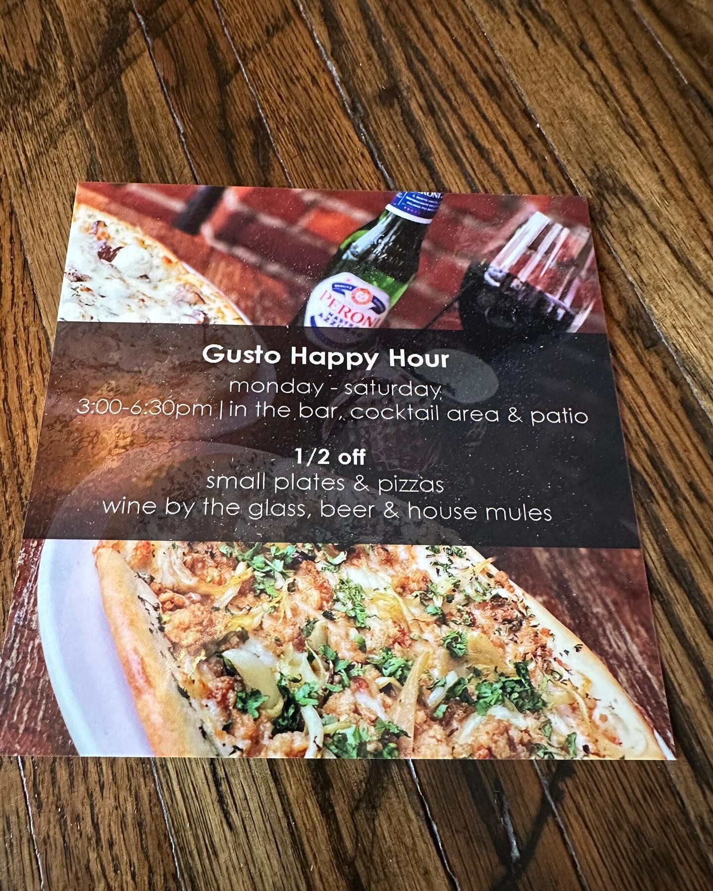 Join us for Gusto Happy Hour from 3-6:30pm for half off appetizers, pizzas, beers, glasses of wine, and house mules! 

&bull;
&bull;
&bull;
&bull;
&bull;
&bull;
#dueamici #downtowncolumbus #happyhour #pizzas #appetizers #wine #beer #italian #cbushapp