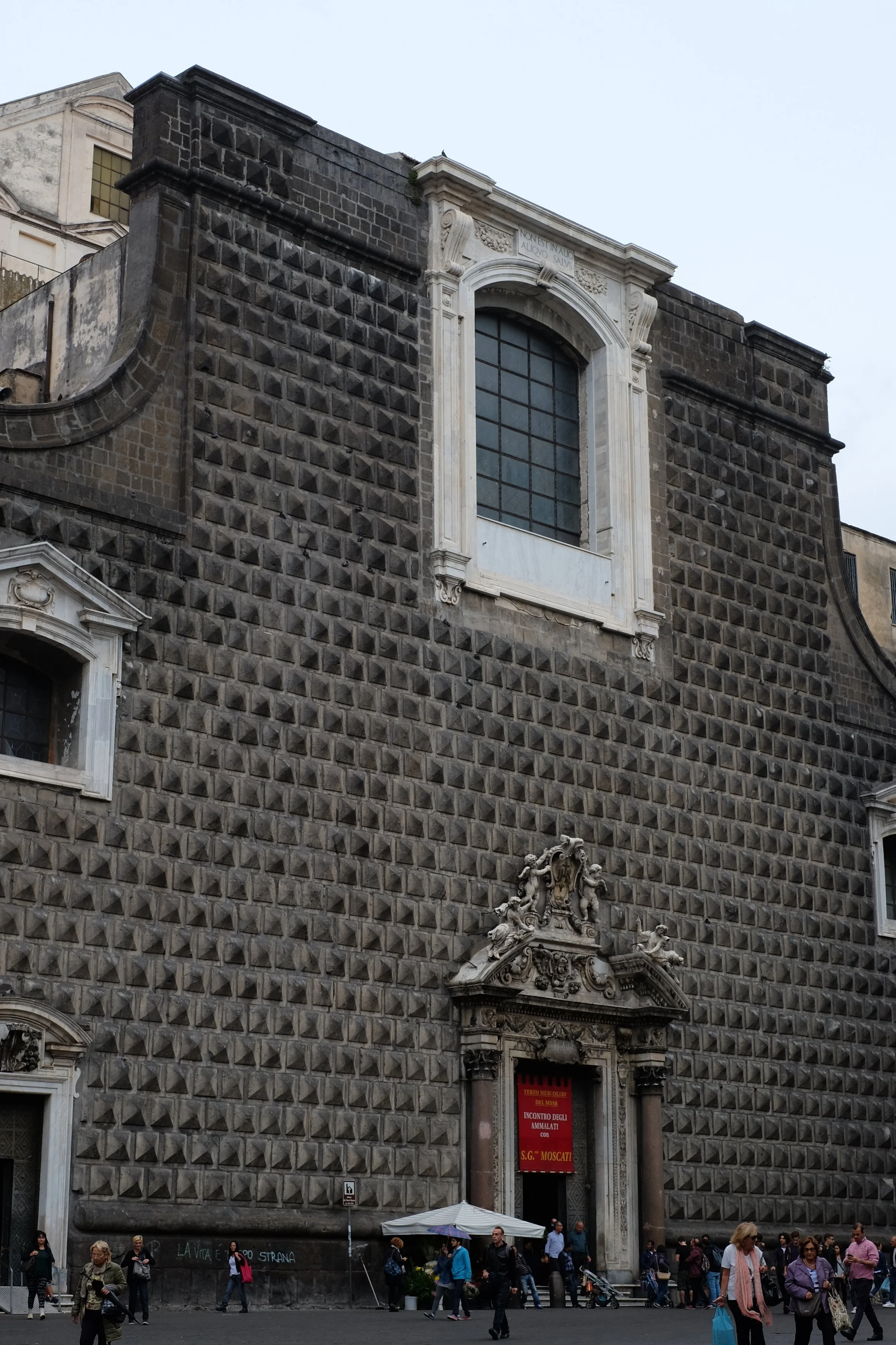 The imposing façade of the Gesu' Nuovo in piazza del Gesu'.
