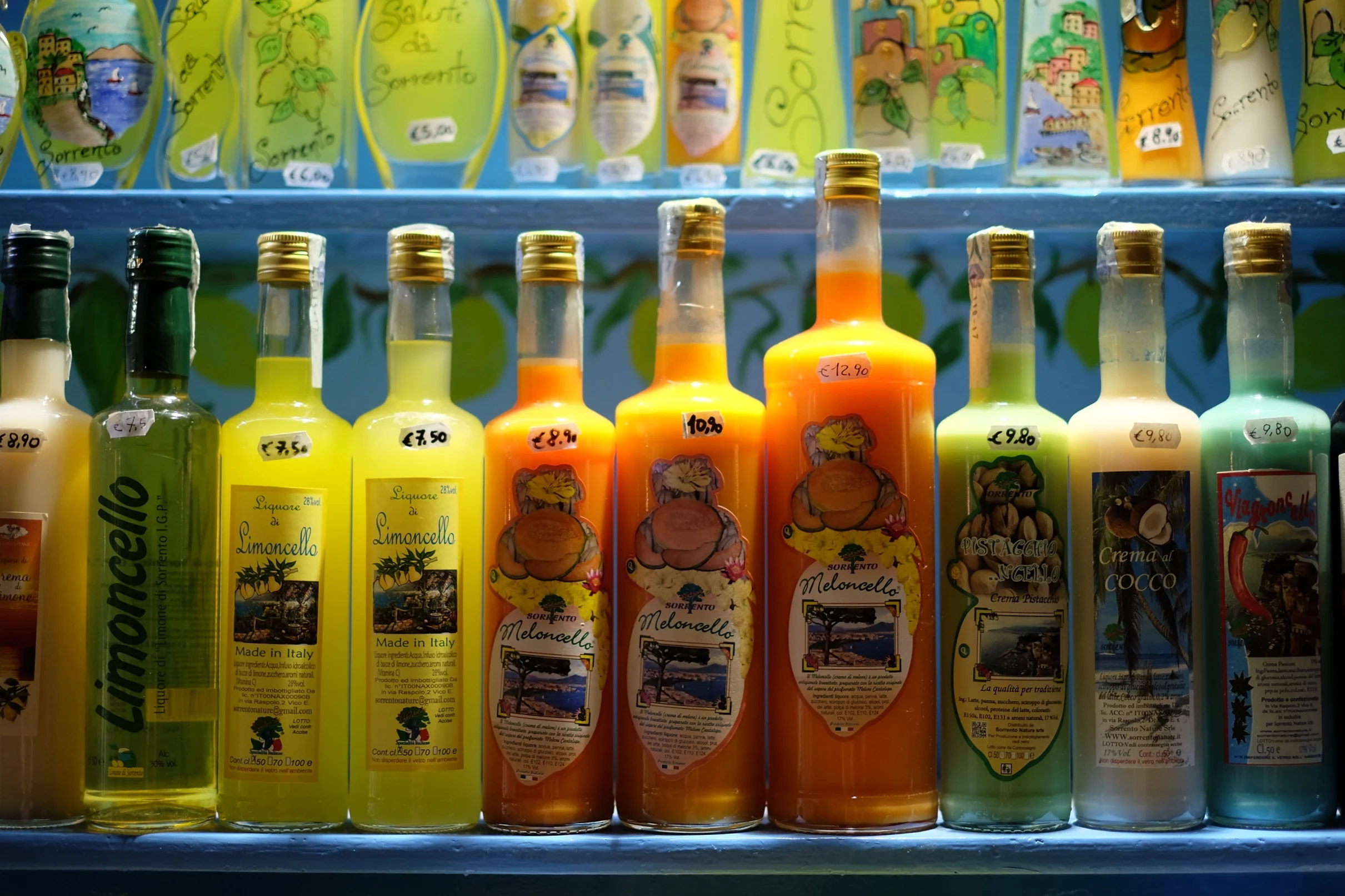 The many different types of local liquers, made from lemon, melon, coconut and pistachio. 