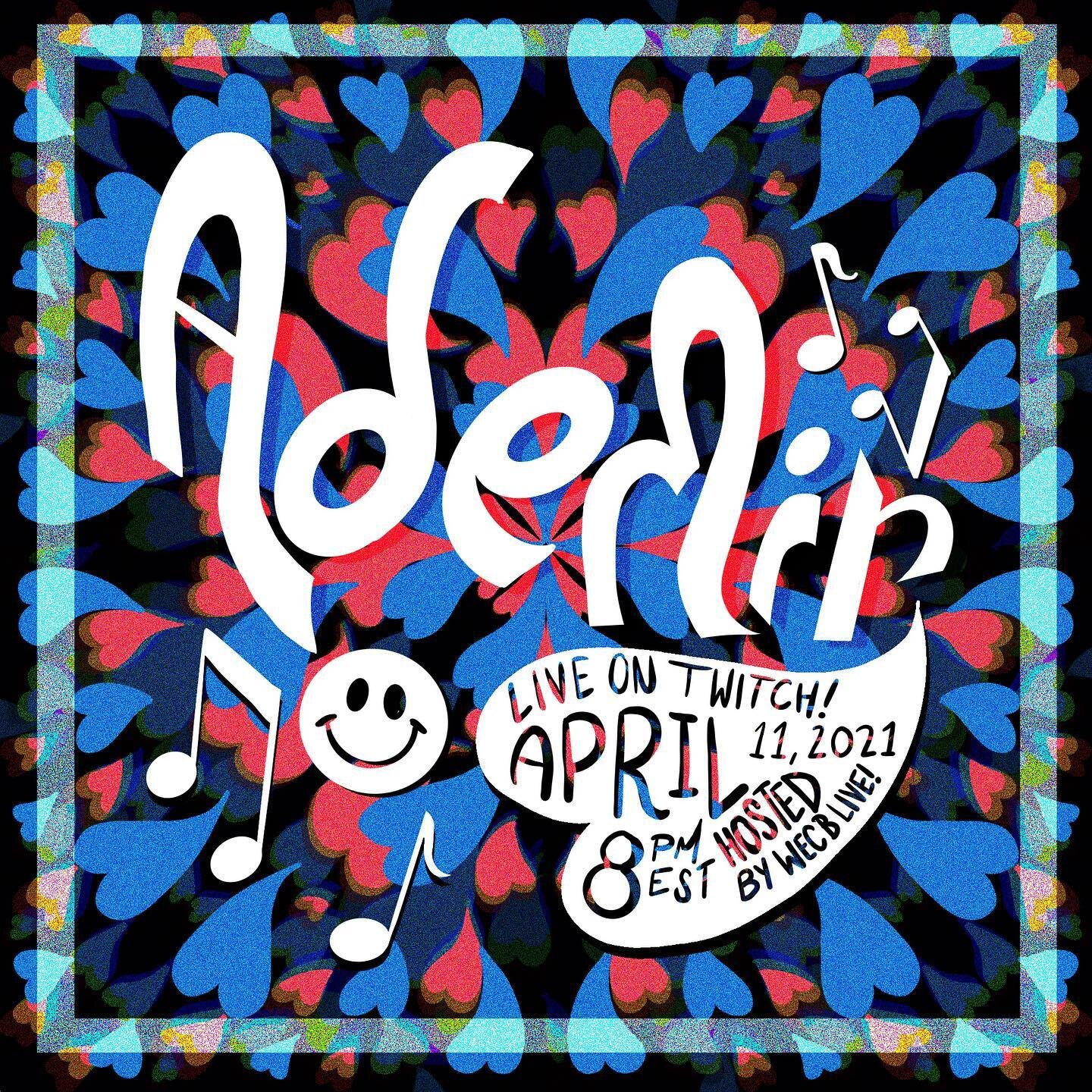 Catch @ademirmakesmusic LIVE on WECB&rsquo;s Twitch 4/11 at 8PM EST!

ALT TEXT:

Dozens for blue and red hearts make up the background, which is encased by a clear, square border; two music notes and a smiley face (all three drawn in white) in bottom left; [TEXT READS: ADEMIR; LIVE ON TWITCH! APRIL 11, 2021 8PM EST; HOSTED BY WECB LIVE!]