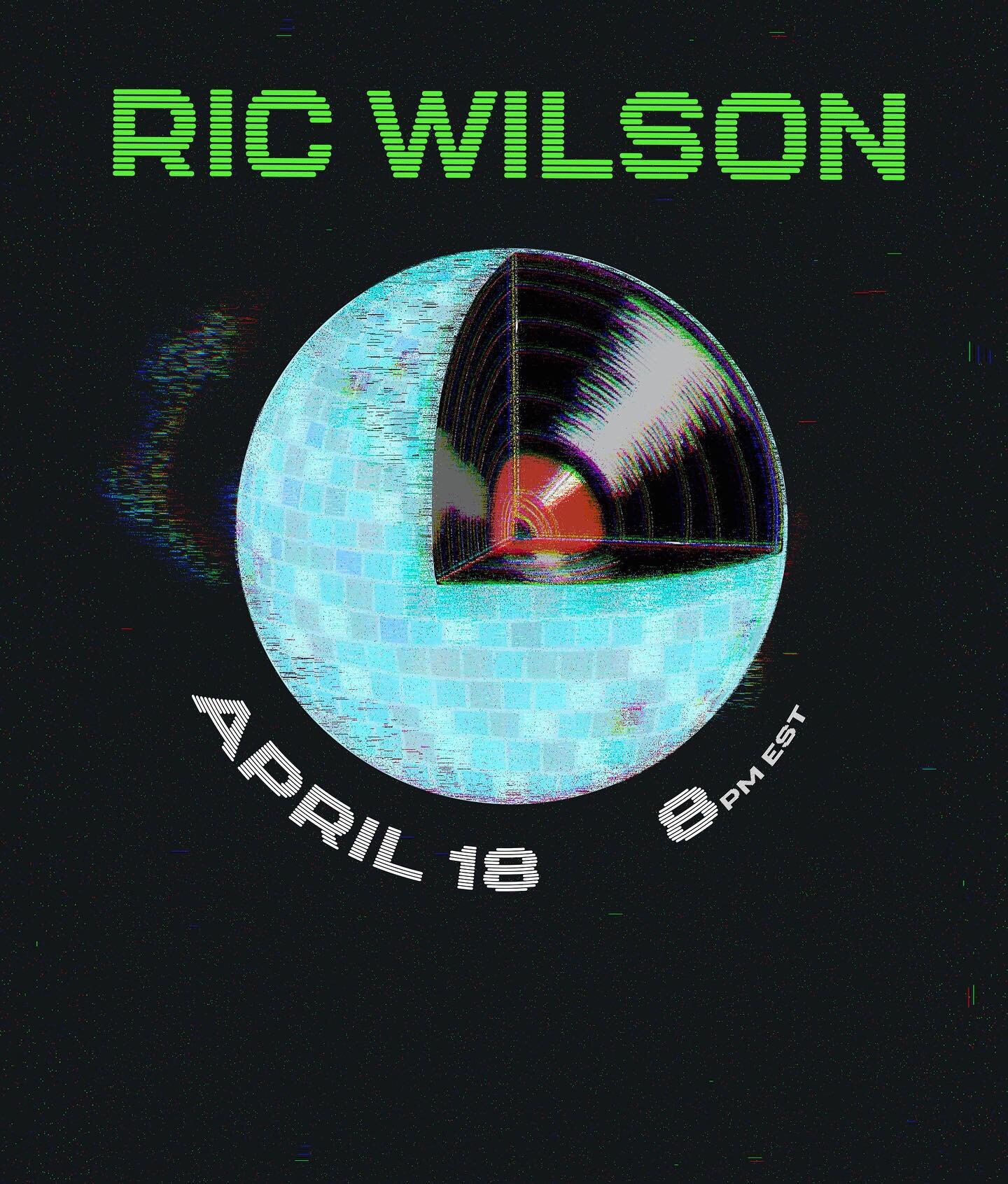 Catch @ricwilsonisme LIVE on WECB&rsquo;s YouTube 4/18 at 8PM EST! 

Graphic by @chloewiliams 

ALT TEXT:

Black TV static background; blue disco ball in the center with a carved out chunk that resembles a vinyl [TEXT READS: RIC WILSON; APRIL 18; 8PM EST]
