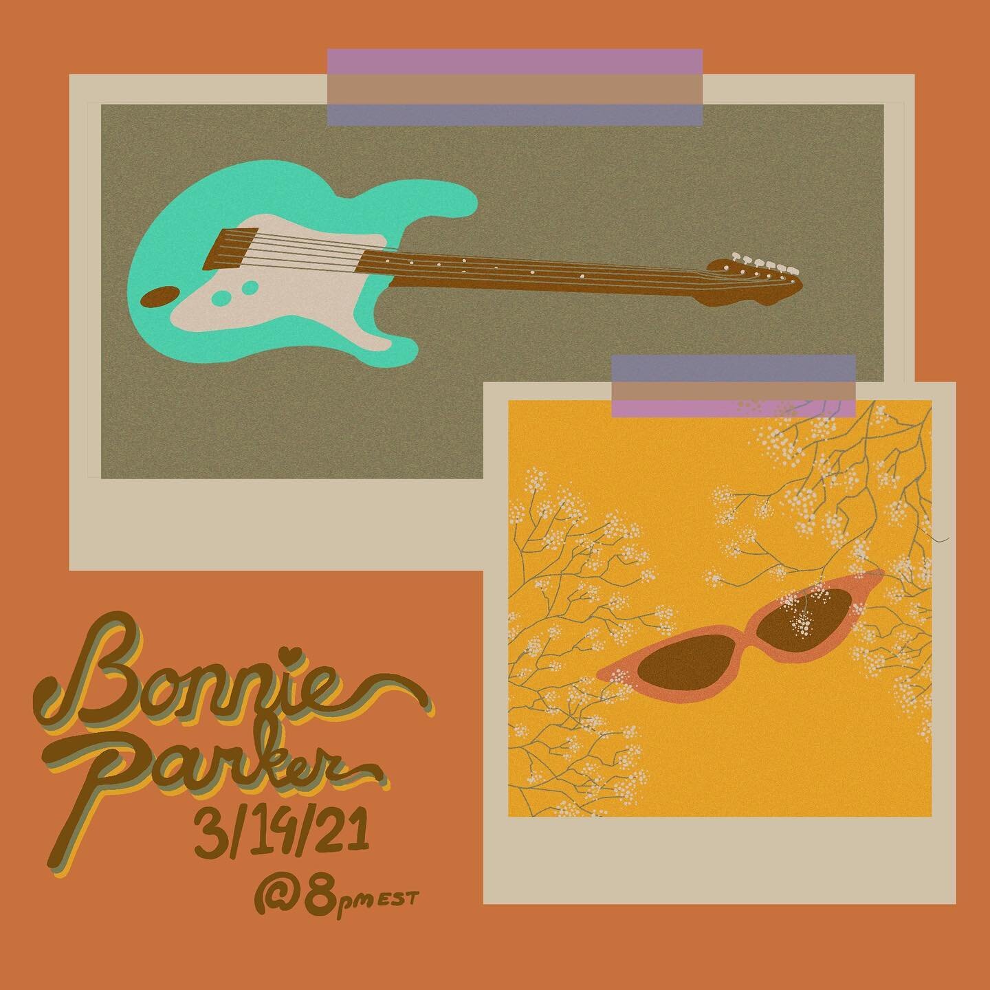 Catch @bonnieisanactress LIVE on WECB&rsquo;s InstaGram 3/19 at 8PM EST! 

Graphic by @zindipity 

Alt Text:

Two Polaroids (one with a blue &amp; white guitar, other with brown sunglasses on a yellow background); [TEXT READS: BONNIE PARKER 3/19/21 8PM EST]