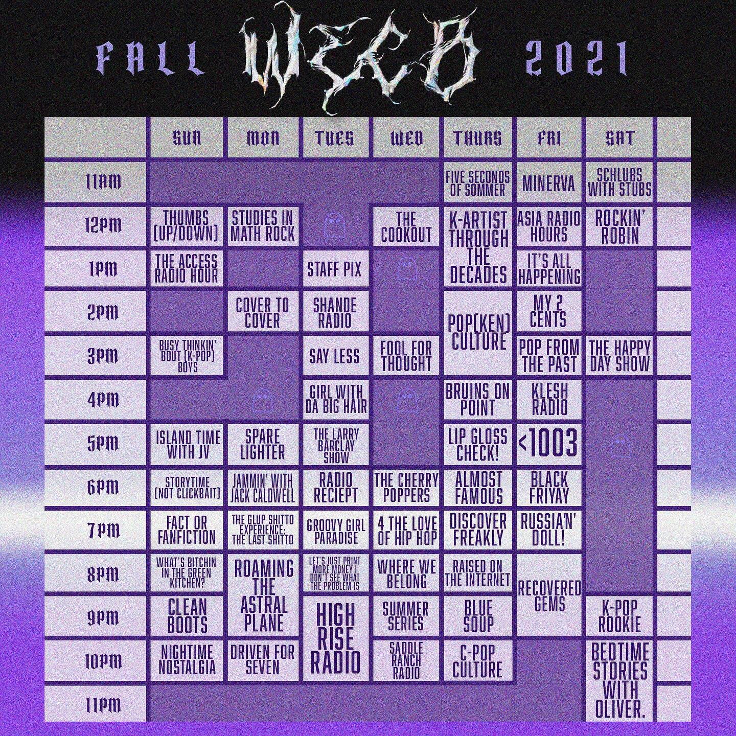 Happy to announce the WECB schedule for this fall 2021!! Tune in to catch all these amazing people at www.wecb.us/ 

Graphic by @adeptusleah ⚡️💜📻