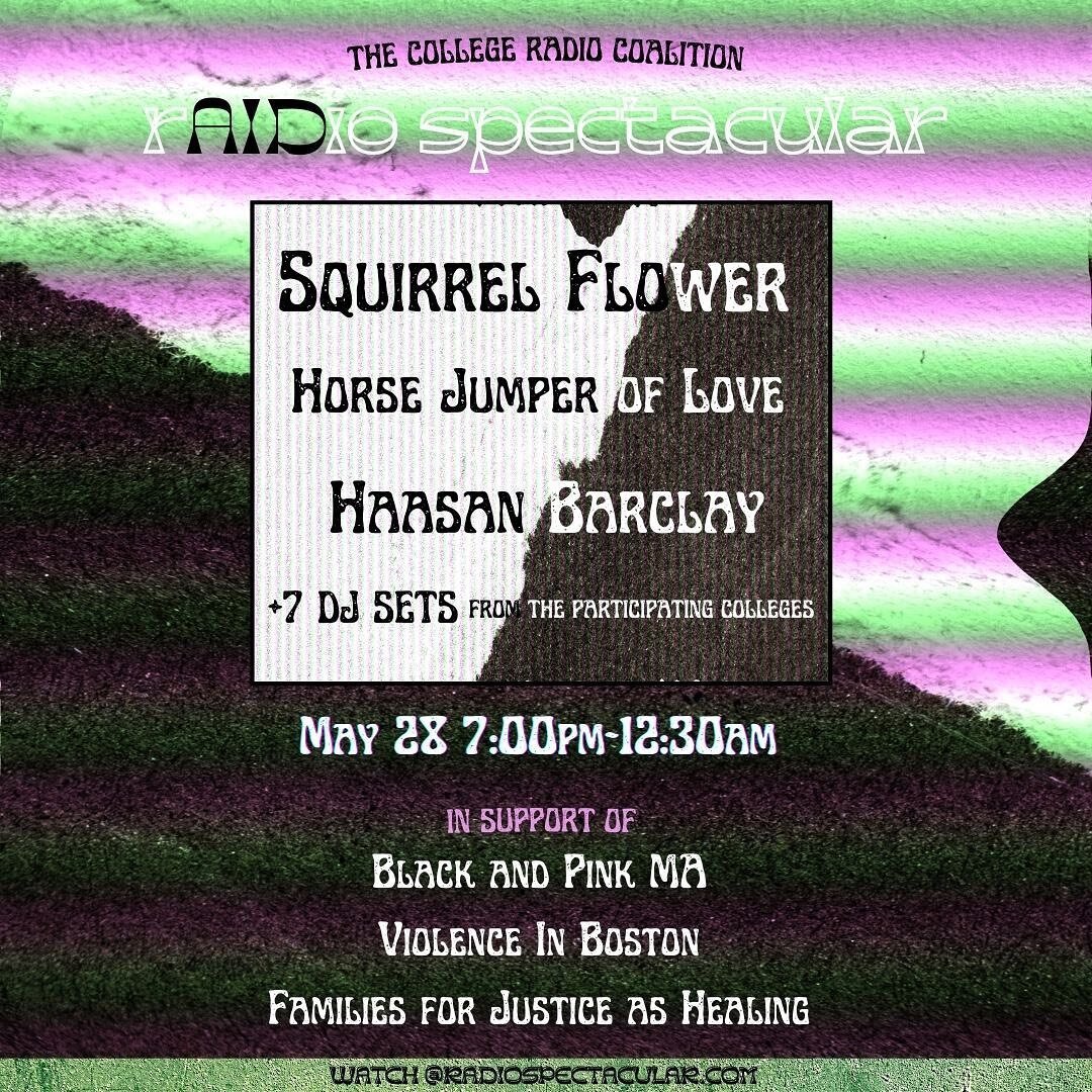 Join us this Friday at the ~rAIDio Spectacular~ Live from 7pm-12:30am on RadioSpectacular.com ✨ There will be virtual performances by @sqrrlflwr, @horsejumperoflove, and @haasanbarclay, followed by DJ sets from the participating stations. This event is a Boston mutual aid fundraiser hosted by Boston&rsquo;s College Radio Coalition and funding is in support of @blackandpinkma, @violenceinboston, and @justiceashealing 💜📻

Hosted by:&nbsp;
@wrbbradio
@wmforadio
@wtburadio
@whrb95.3
@www.wecb.fm
@wzbc

DJ sets by:&nbsp;
@illegallyblindpresents
@lucy.millman
@sam_trottenberg
@savorysteven
@benaliber
@lauren.rabbottini 

Flyer by:
@itseanwaters