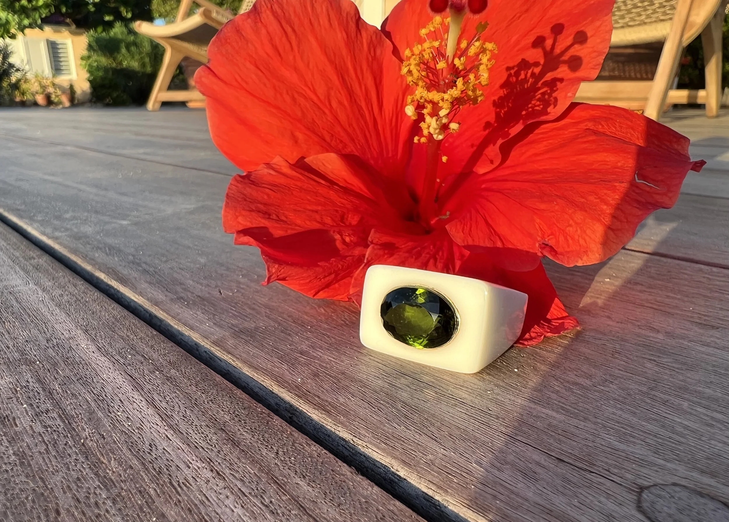 Green Tourmaline and Cachelong Stone Ring
