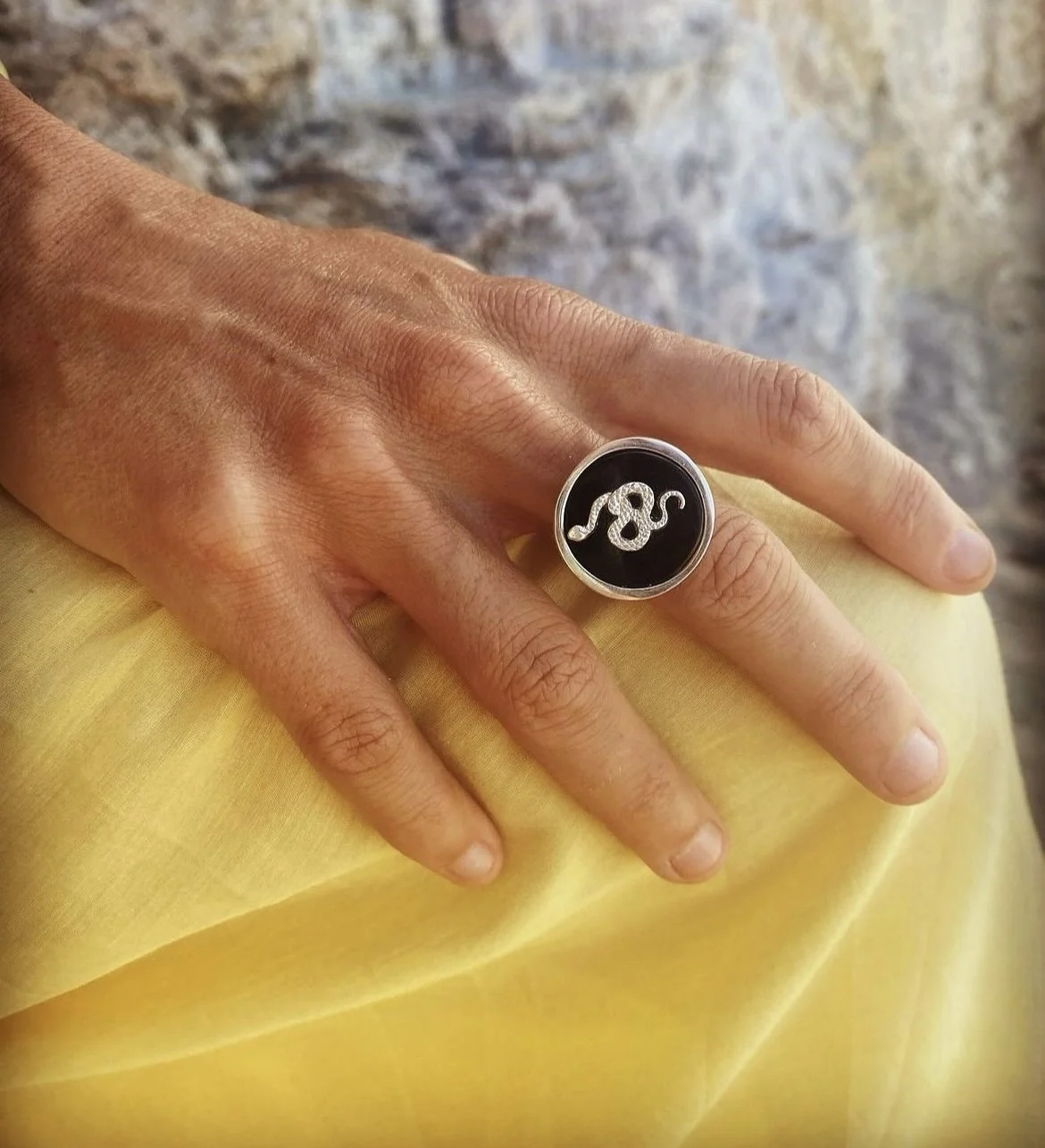 Brushed Sterling Silver Snake Signet Ring over Black Onyx