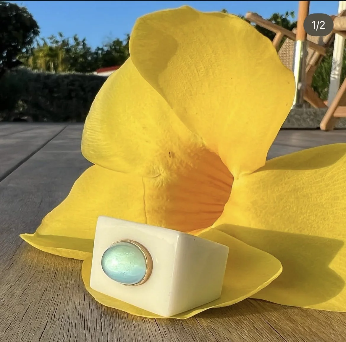 Blue Topaz and Cacholong Ring