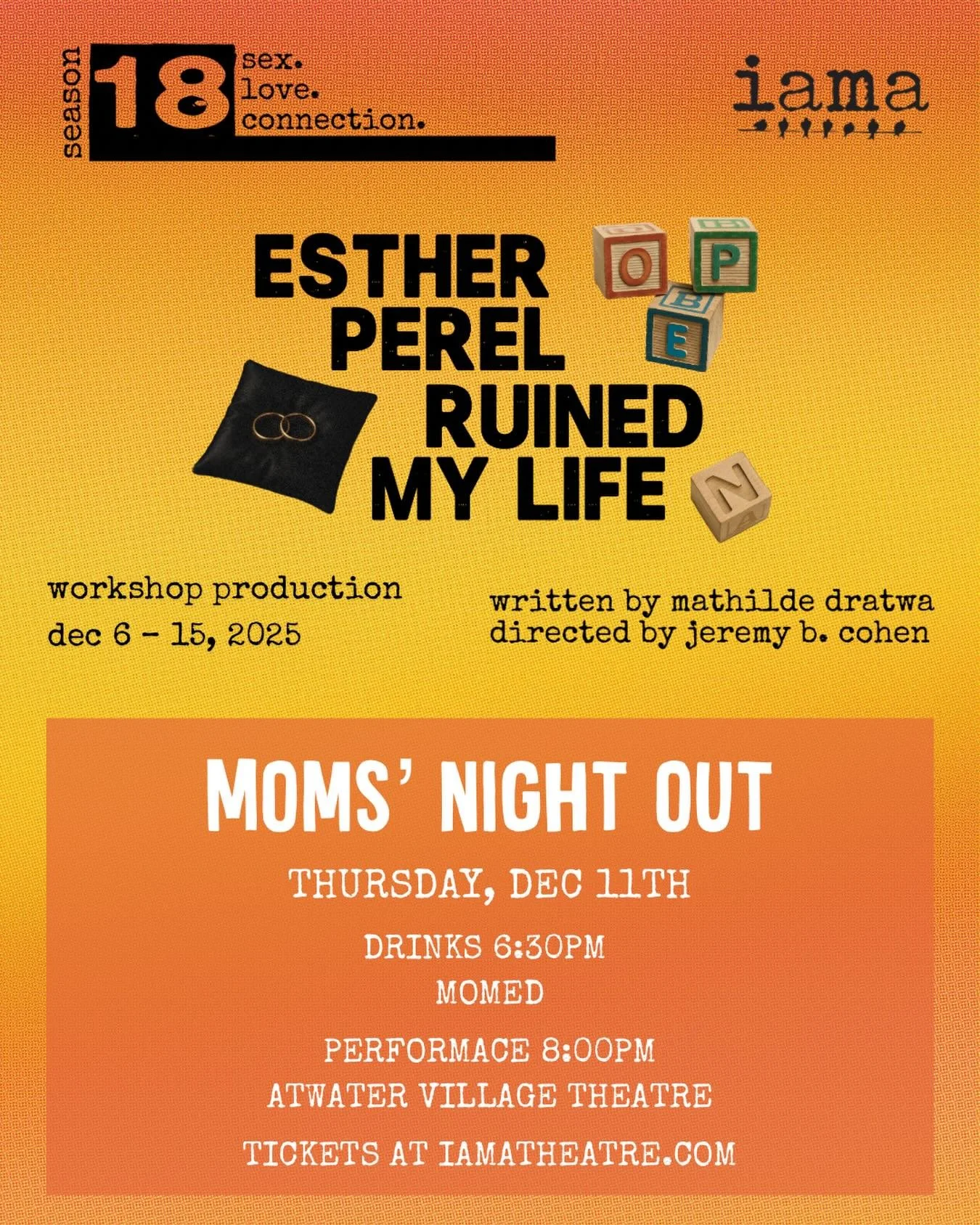 🫶 Calling all moms! Join IAMA Artistic Director Stefanie Black, Board Chair Katie Lowes and Executive Director Cara Greene Epstein for a Moms&rsquo; Night Out at ESTHER PEREL RUINED MY LIFE Thursday, December 11. Grab a drink at @momed.la before see