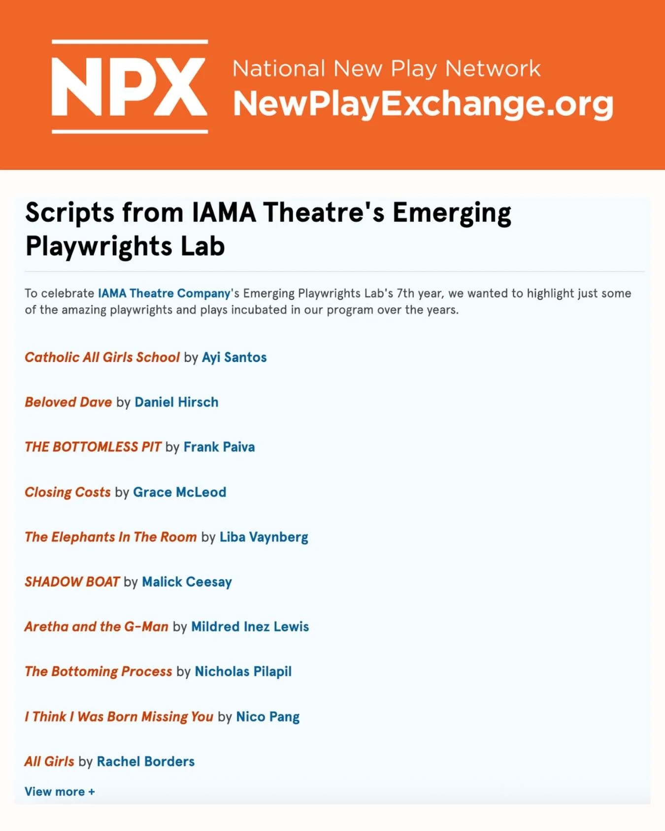 👏 Thanks @newplayexchange for shouting out IAMA&rsquo;s Emerging Playwrights Lab! We&rsquo;re so proud of the incredible work the Lab has&nbsp;developed&nbsp;in the last 7 years, and excited to see what the 2025-26 cohort will create under the leade