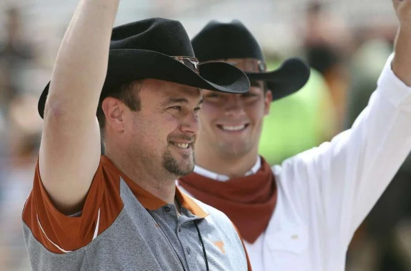 Head Coach Tom Herman & Fall '16 Foreman Ryan Baumgartner. Coach Herman was presented with a Texas Cowboys' hat before the game on Saturday, April 15th.