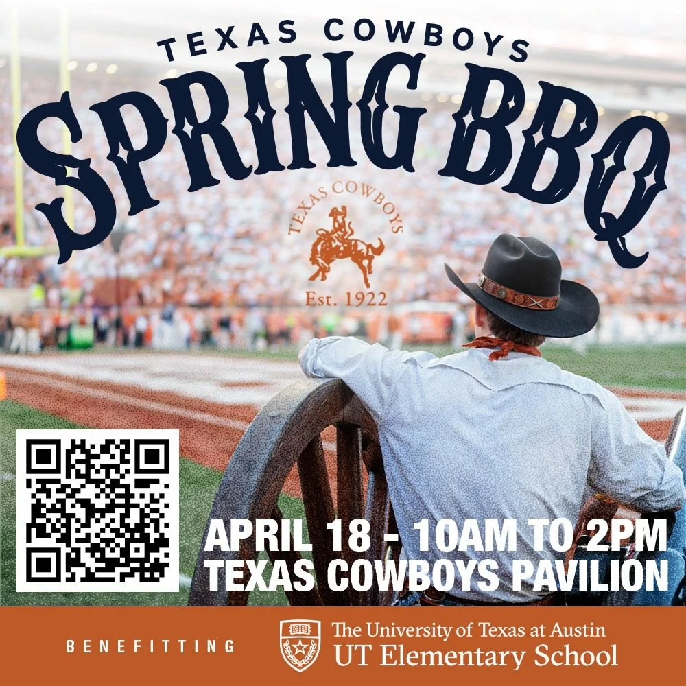 Join us on April 18 outside Texas Exes during the Spring Game to enjoy a drink and a great plate of BBQ served by the Texas Cowboys in support of UT Elementary!! Purchase your ticket today!! Link in bio!