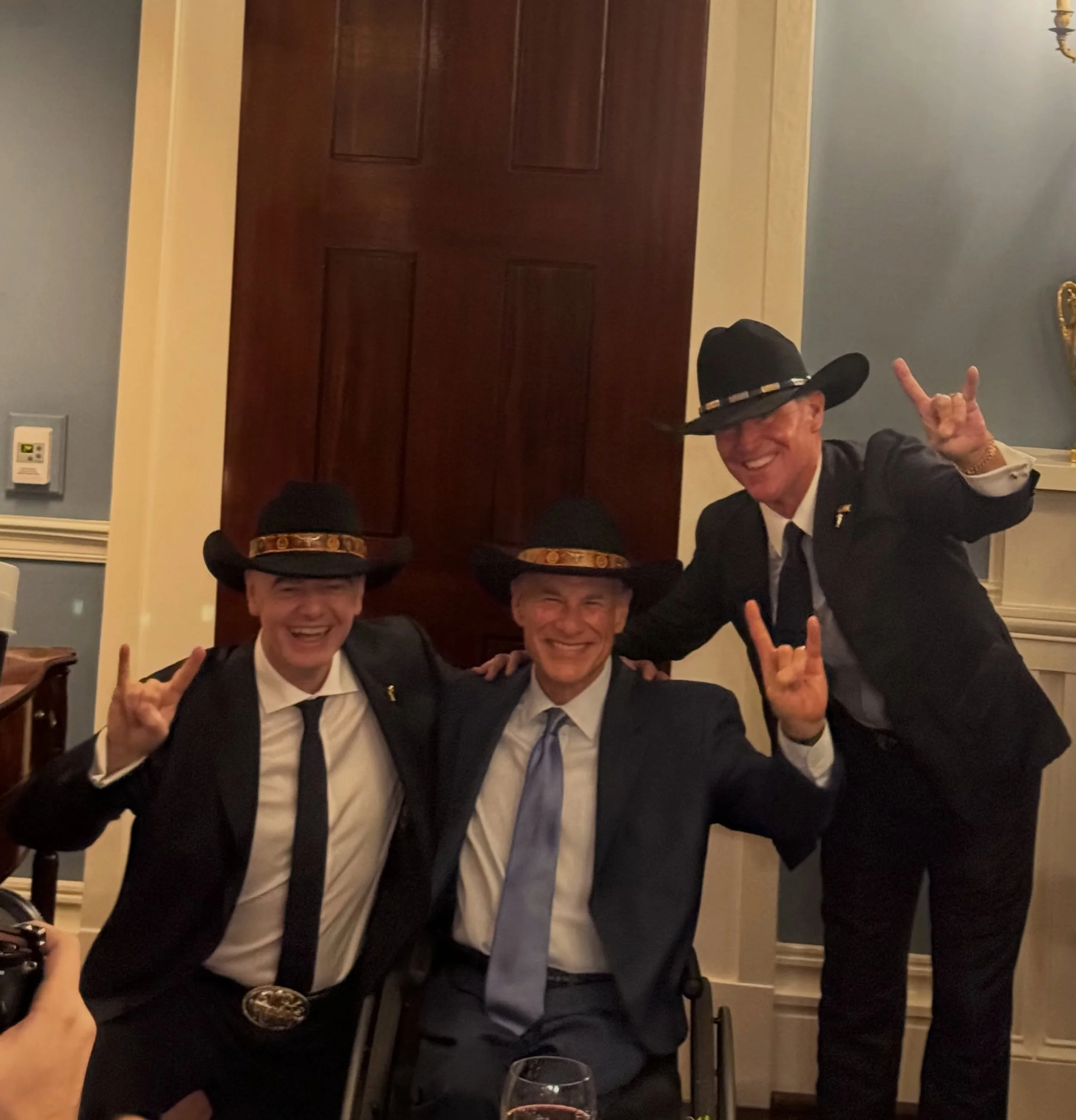 Honored to welcome FIFA President Gianni Infantino to Austin and present him with our Texas Cowboys Black Hat! Thank you to Governor Greg Abbott for hosting this special event, and to Texas Cowboys alumnus John Tatum, CEO of Genesco Sports, for helpi