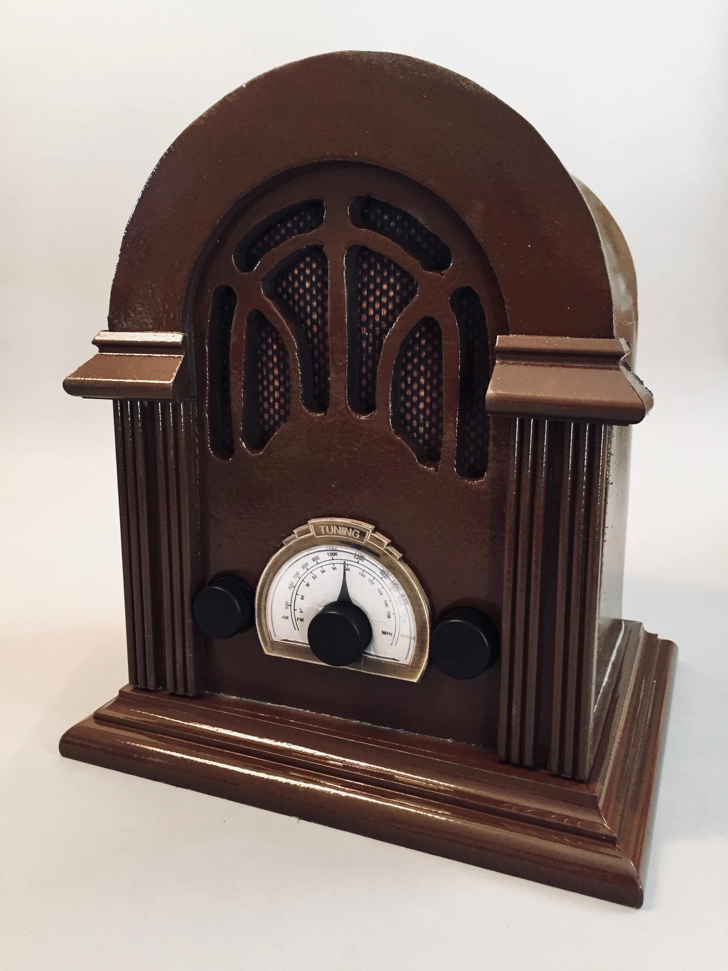 This was a radio prop made out of foam and plastic for”Dance Force”, a performing company associated with Motion Express located in St. Louis. It needed to be light and maneuverable for their Christmas show that had a 1940s theme.