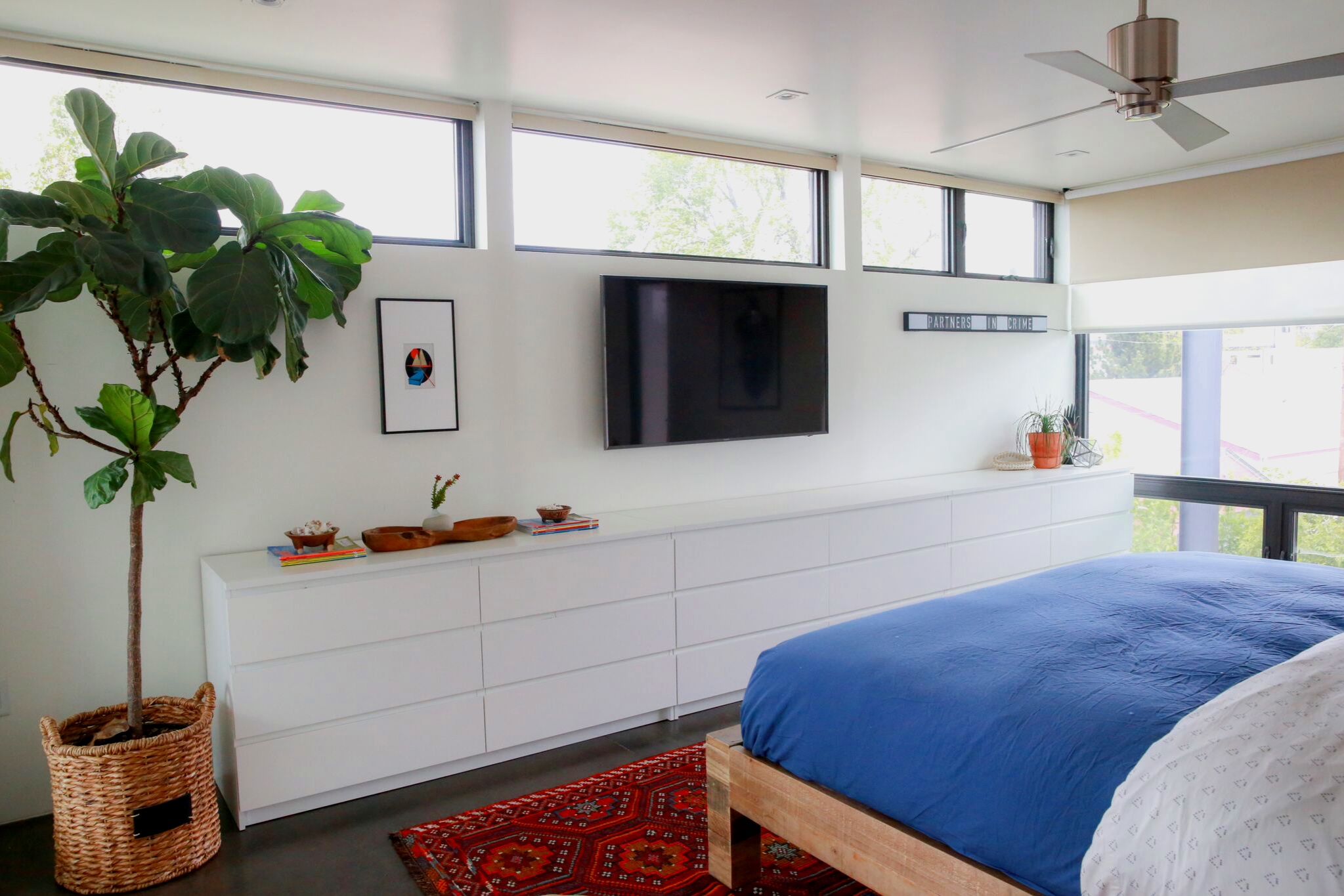 Appropriately sized SAMSUNG 4k Smart TV’s and slim tilting and swing arm mounts from SNAP AV were chosen to optimizing viewing while keeping a clean aesthetic in each room. In the master bedroom the APPLE TV and XFINITY cable boxes are hidd