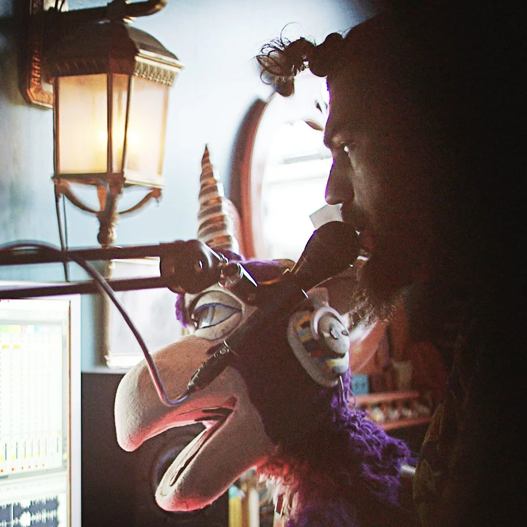 A person with curly hair and a beard singing into a microphone in a room with a lamp, a window, and some decorations.