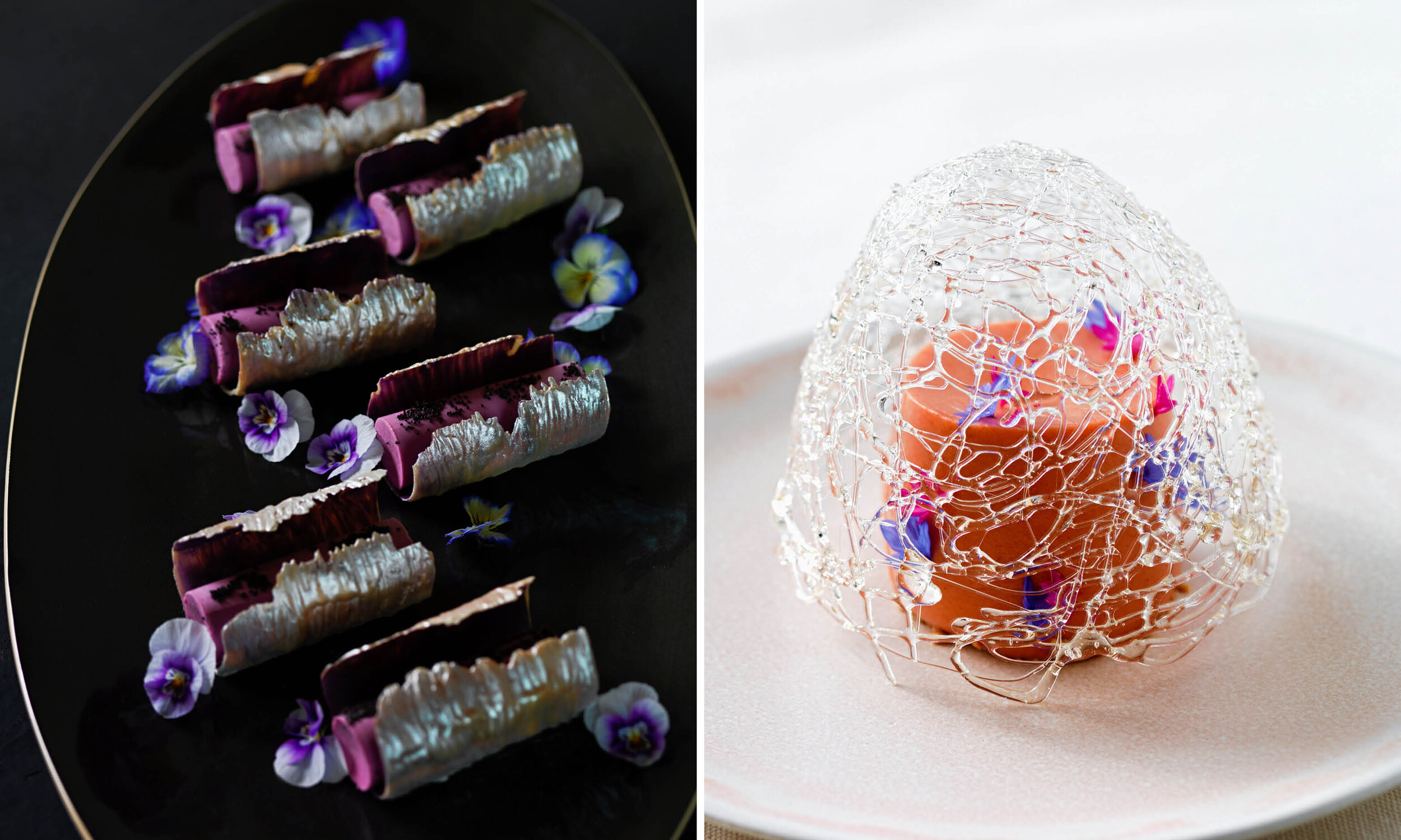 cassis fromage cylinder with silver chocolate and apricot-raspberry mousse with sugar cage