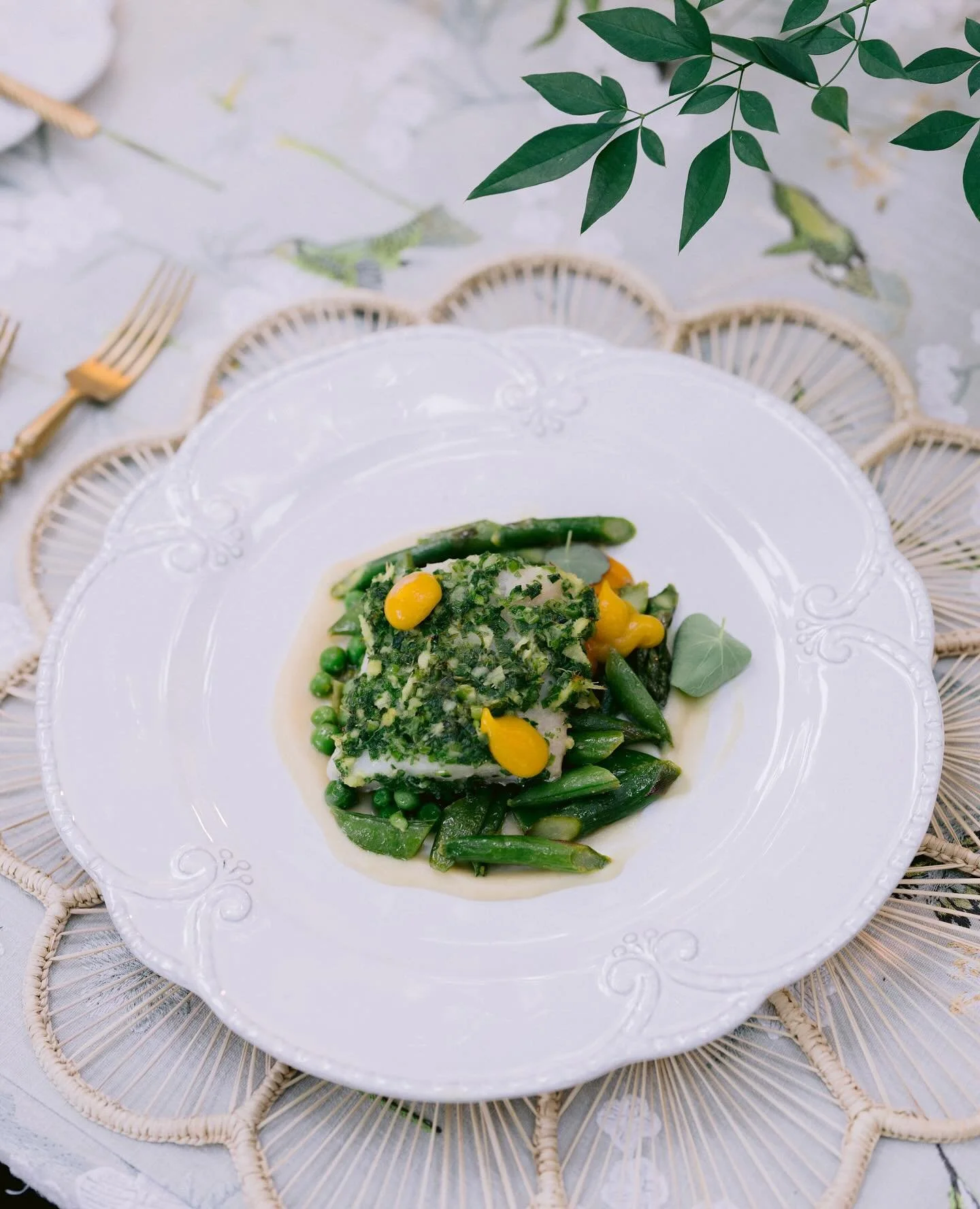 This is what spring tastes like 🌿

Local black cod with spring vegetable succotash, stonefruit miso, scallion ginger relish, and nasturtium &mdash; a fresh, vibrant dish for May! 

Planning &amp; Design @emilycoyneevents
Photography @laciehansen
Ren