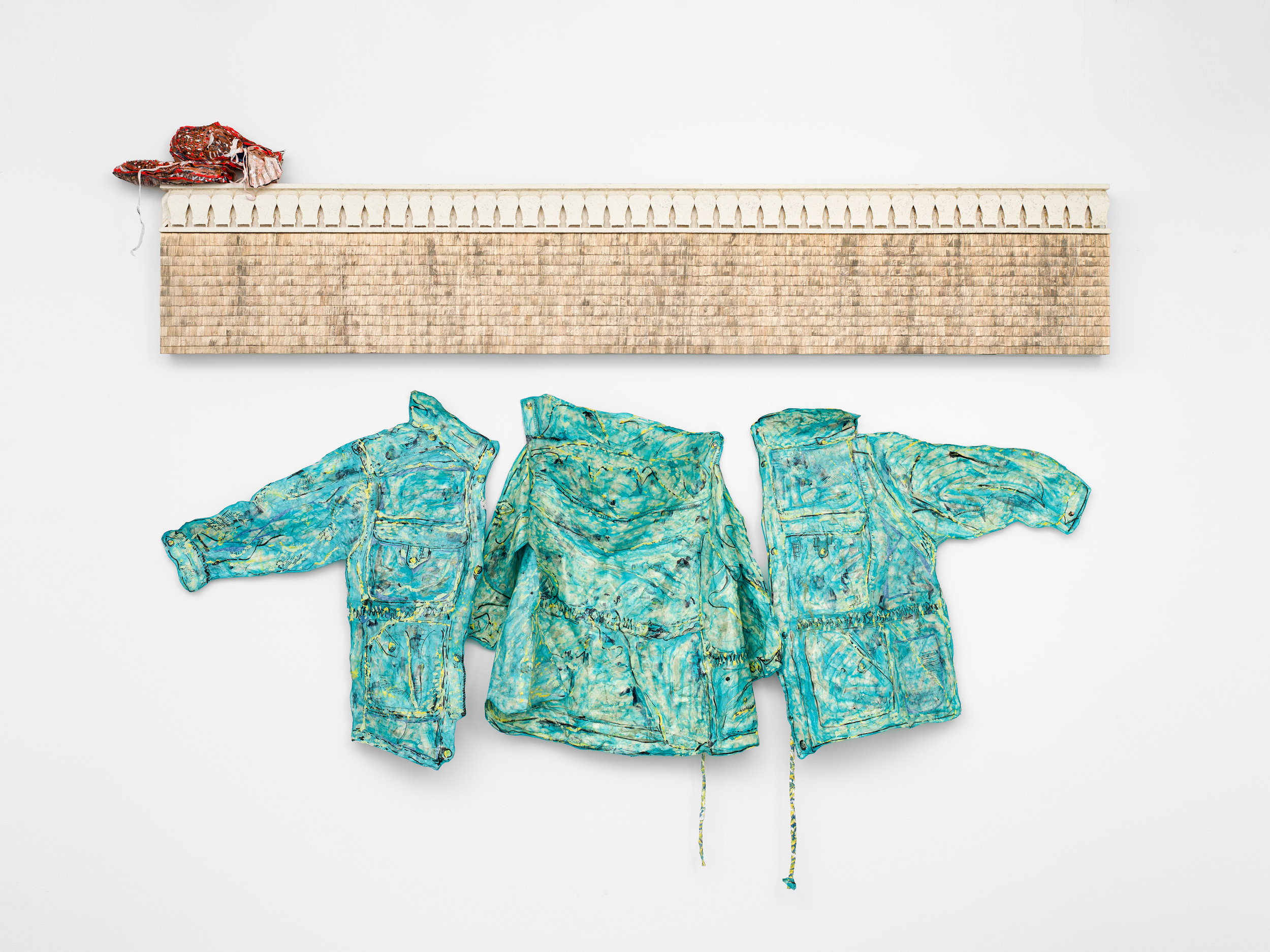 Meena Hasan and Cal Siegel: wallflower frieze Aluminum, plywood, shingles, plaster, acrylic, fabric dye, and Japanes Okawara paper Overall: 17 x 116 x 3 inches
