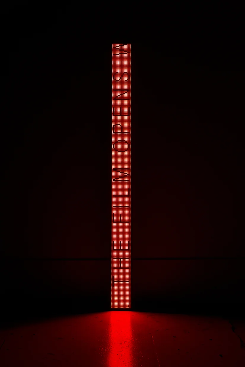 Trouble in the Interior, Part 4 (Sinister) , 2015. Scrolling LED signboard, IMDB parental content advisory text. 90 x 8 x 2 inches