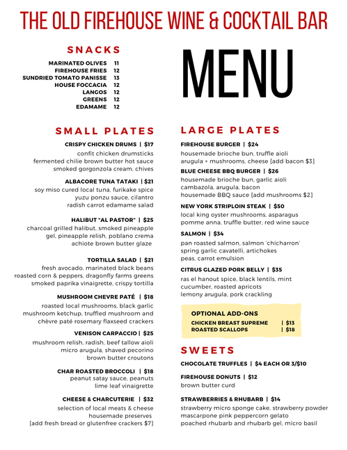 Current Dinner Menu — The Old Firehouse Wine & Cocktail Bar