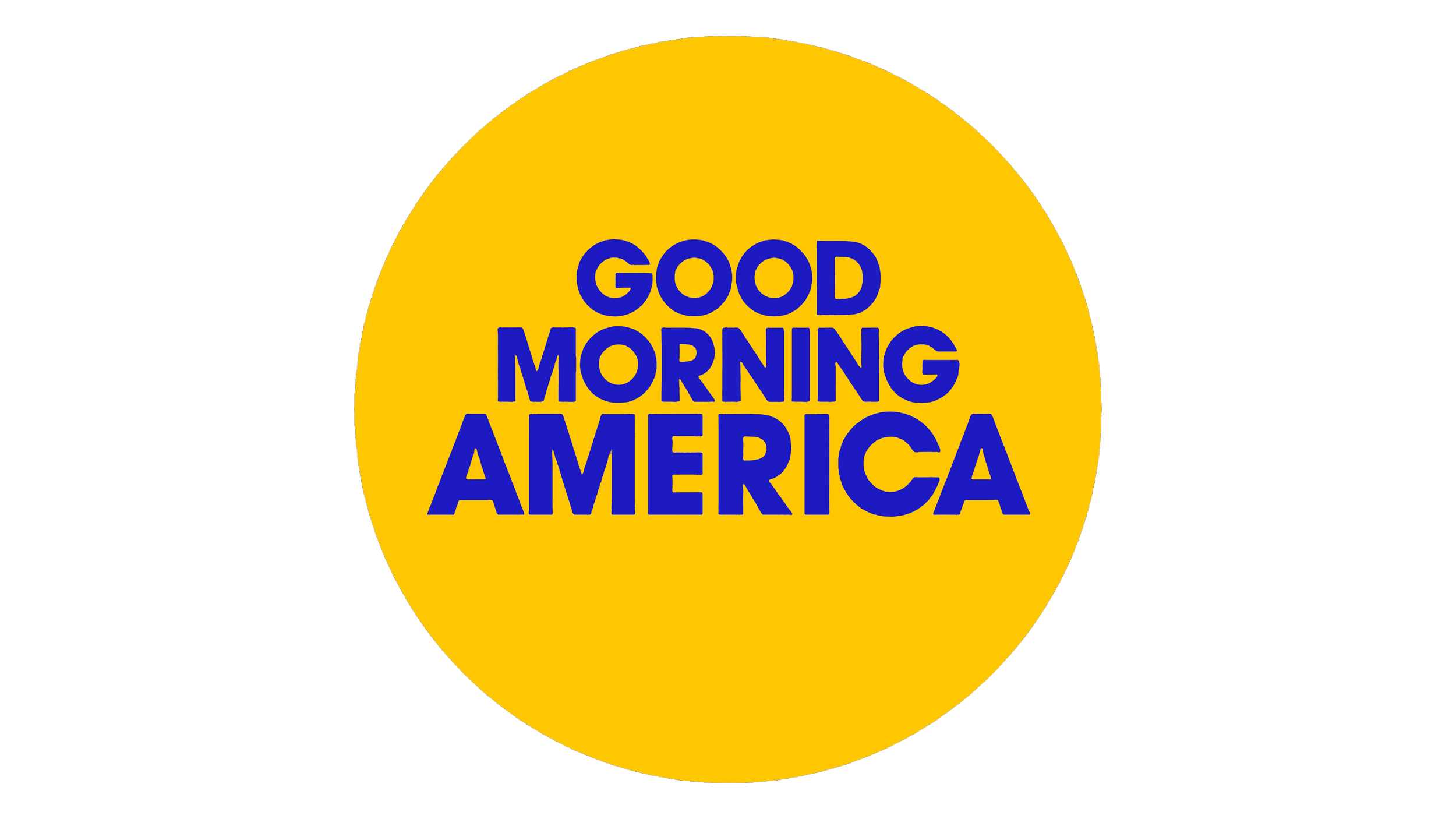 Yellow circle with blue text reading 'Good Morning America' on a black background.