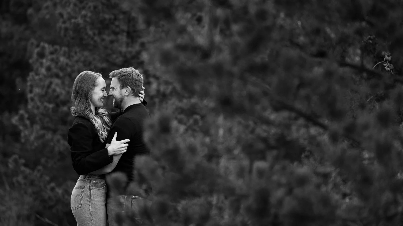 Black and white engagement portrait of a couple embracing in the trees near Red Lodge Montana